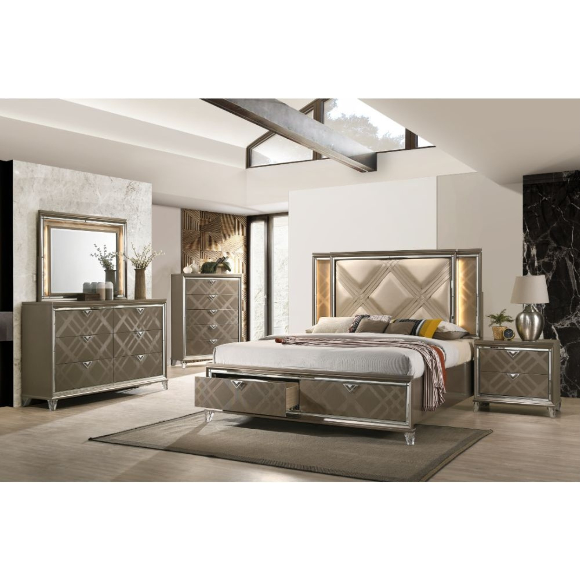 Queen Bed w/Storage, LED, PU & Dark Champagne