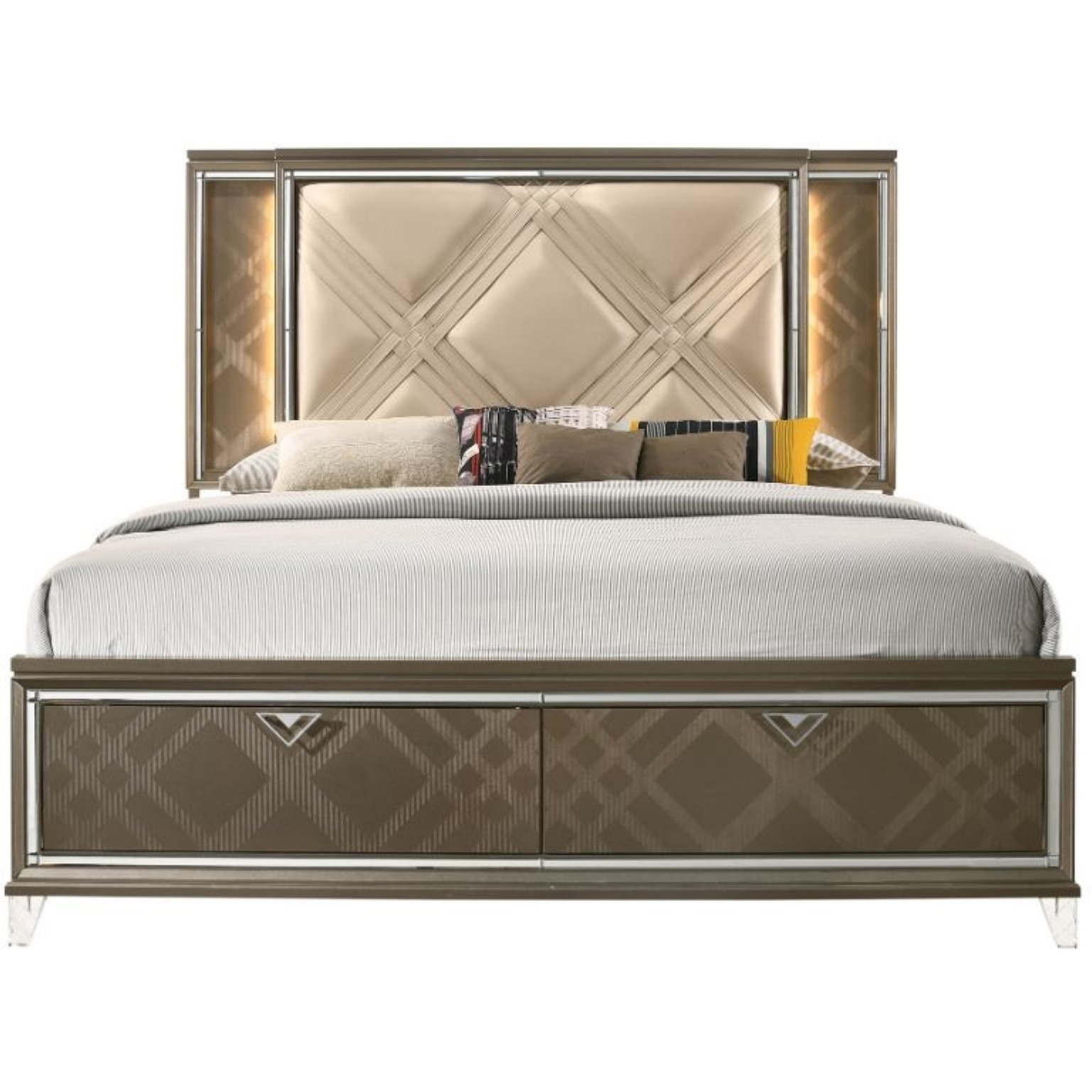 Queen Bed w/Storage, LED, PU & Dark Champagne