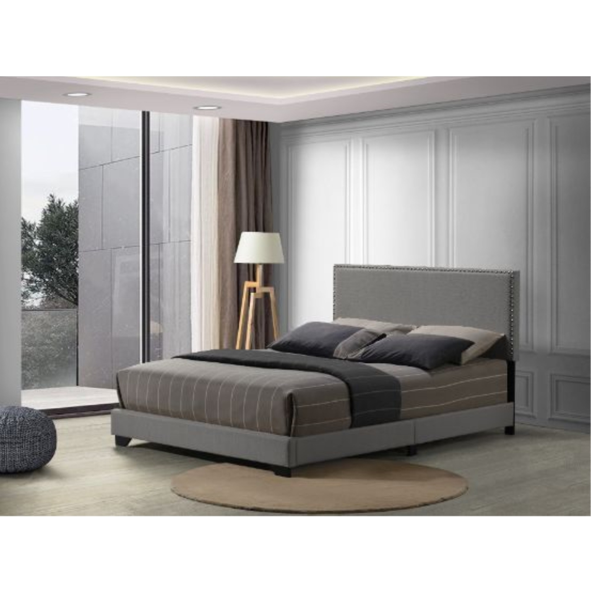 Queen Bed, Light Gray Fabric