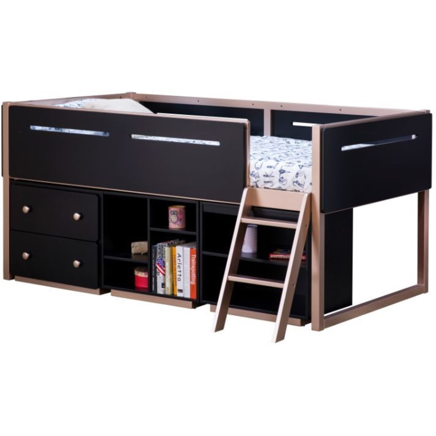 Bookshelf (2 Compartments), Black & Rose-Gold