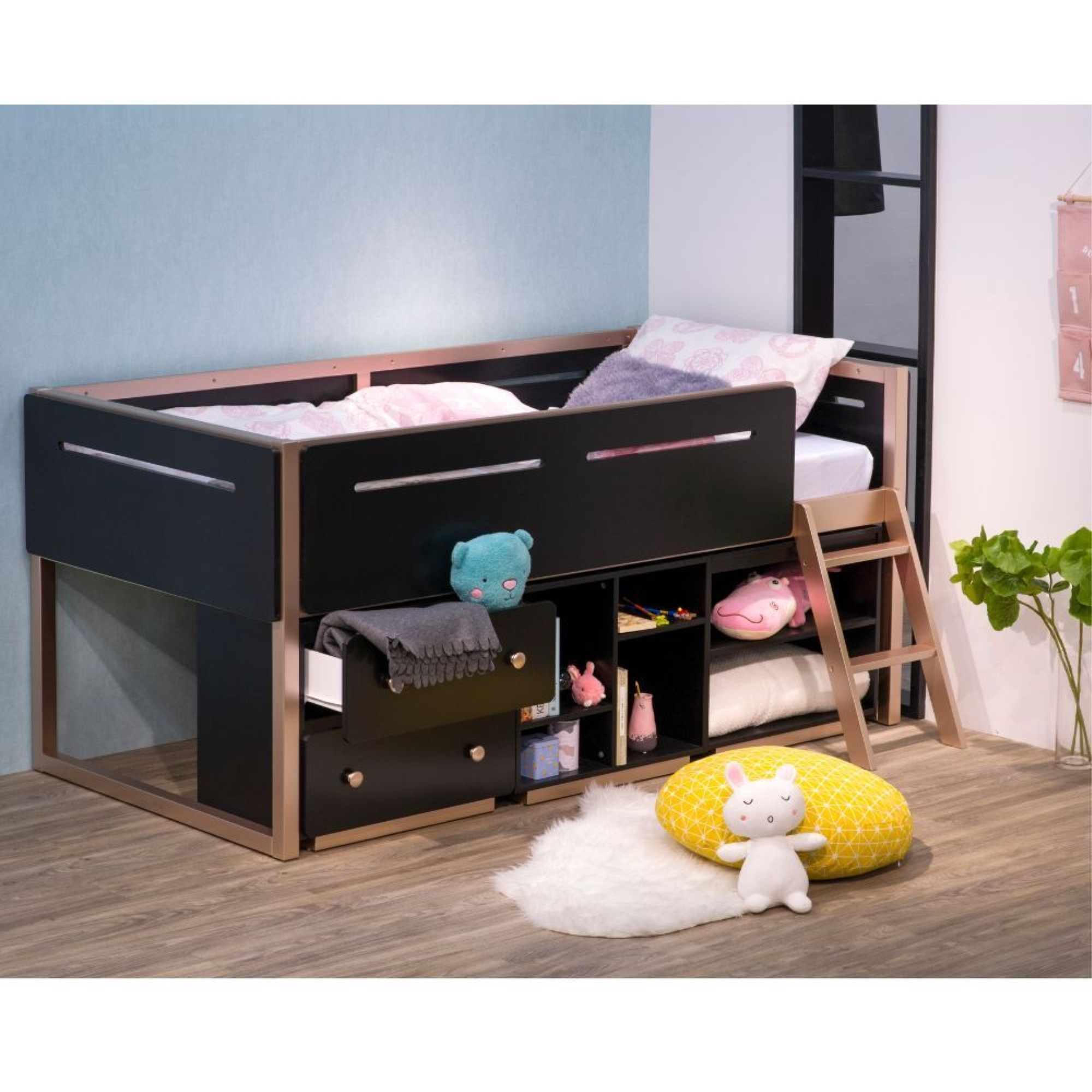 Bookshelf (2 Compartments), Black & Rose-Gold