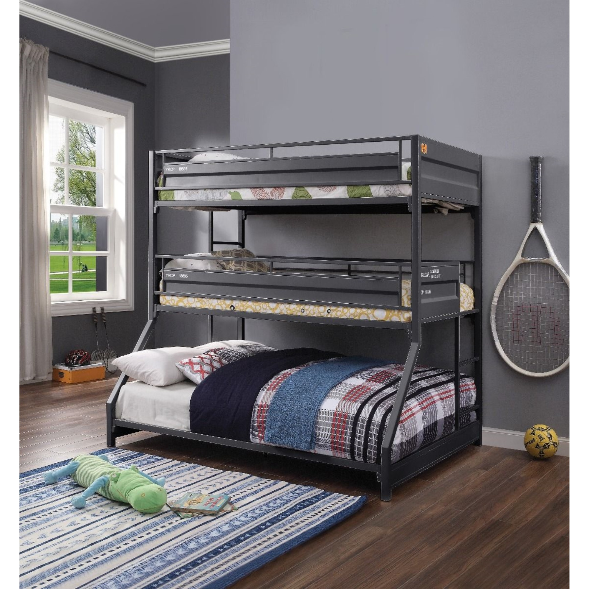 Twin/Twin/Full Triple Bunk Bed, Gunmetal Finish