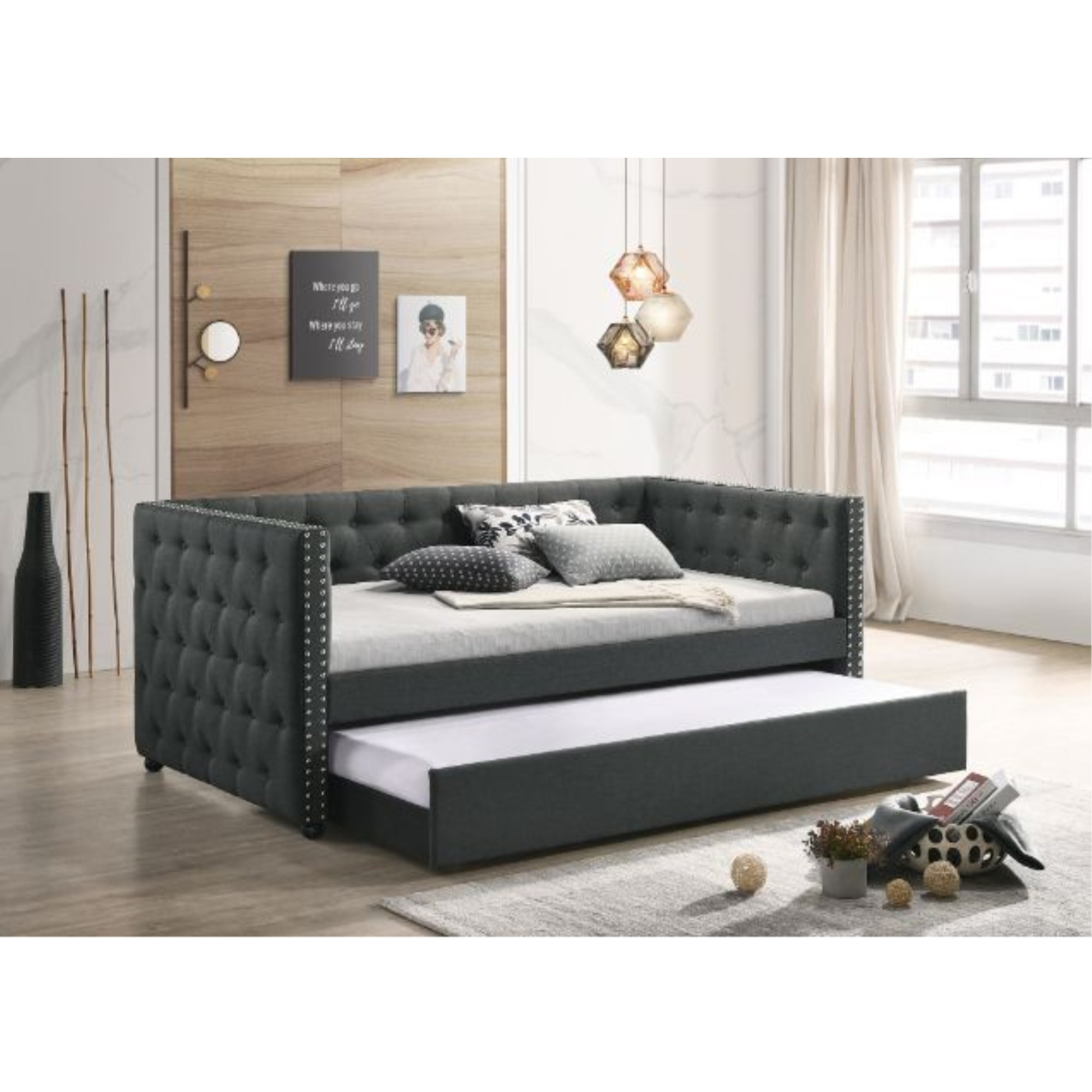 Full Daybed & Twin Trundle , Gray Fabric