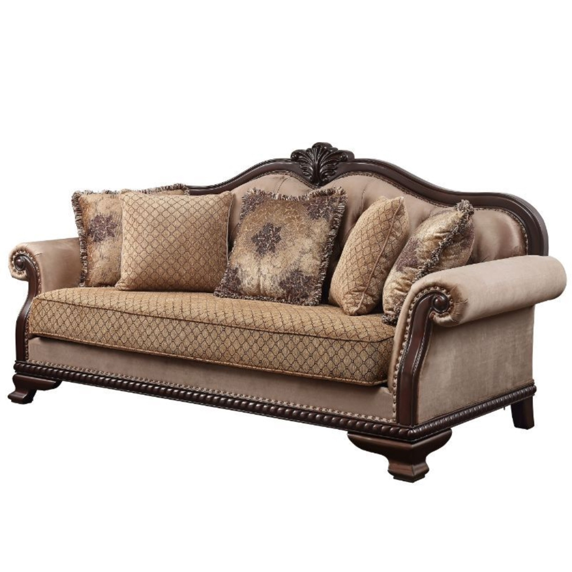 Sofa w/5 Pillows, Fabric & Espresso Finish