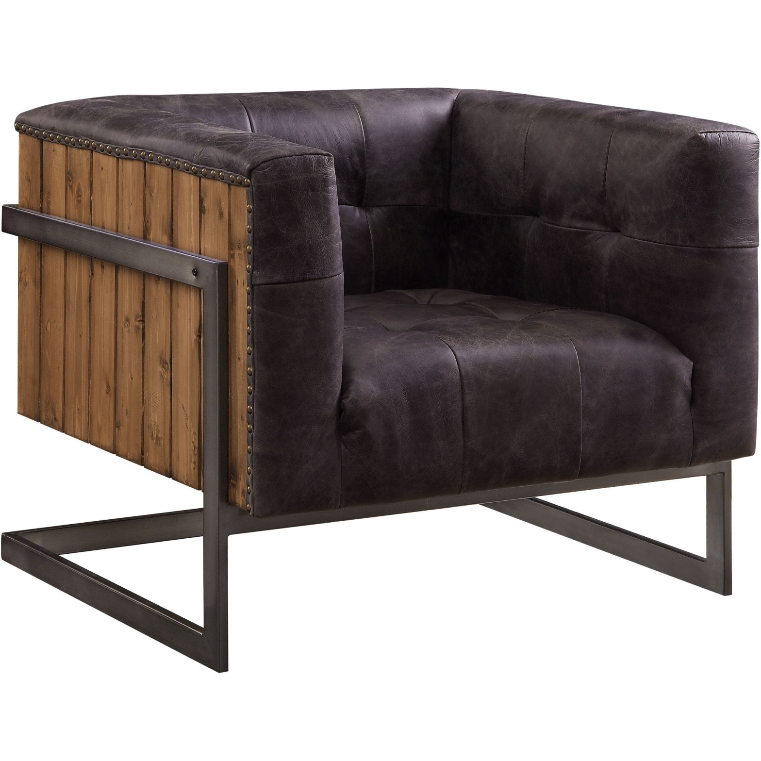 Accent Chair, Antique Ebony Top Grain Leather & Rustic Oak