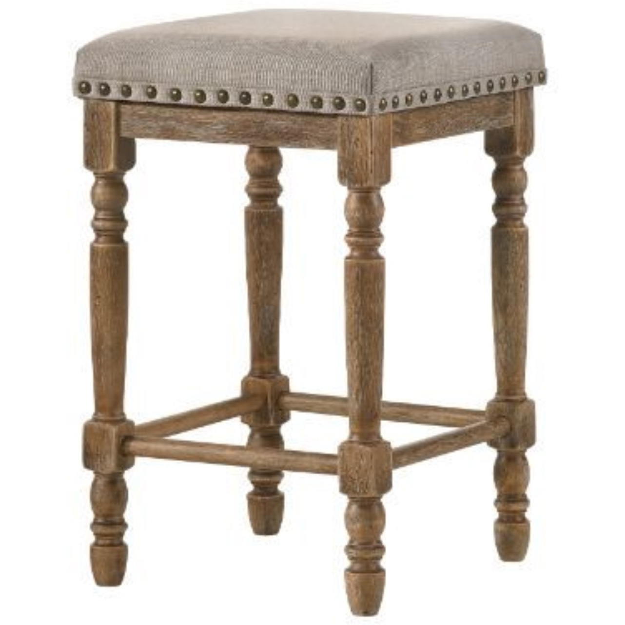 Counter Height Stool, Beige Fabric & Weathered Oak Finish