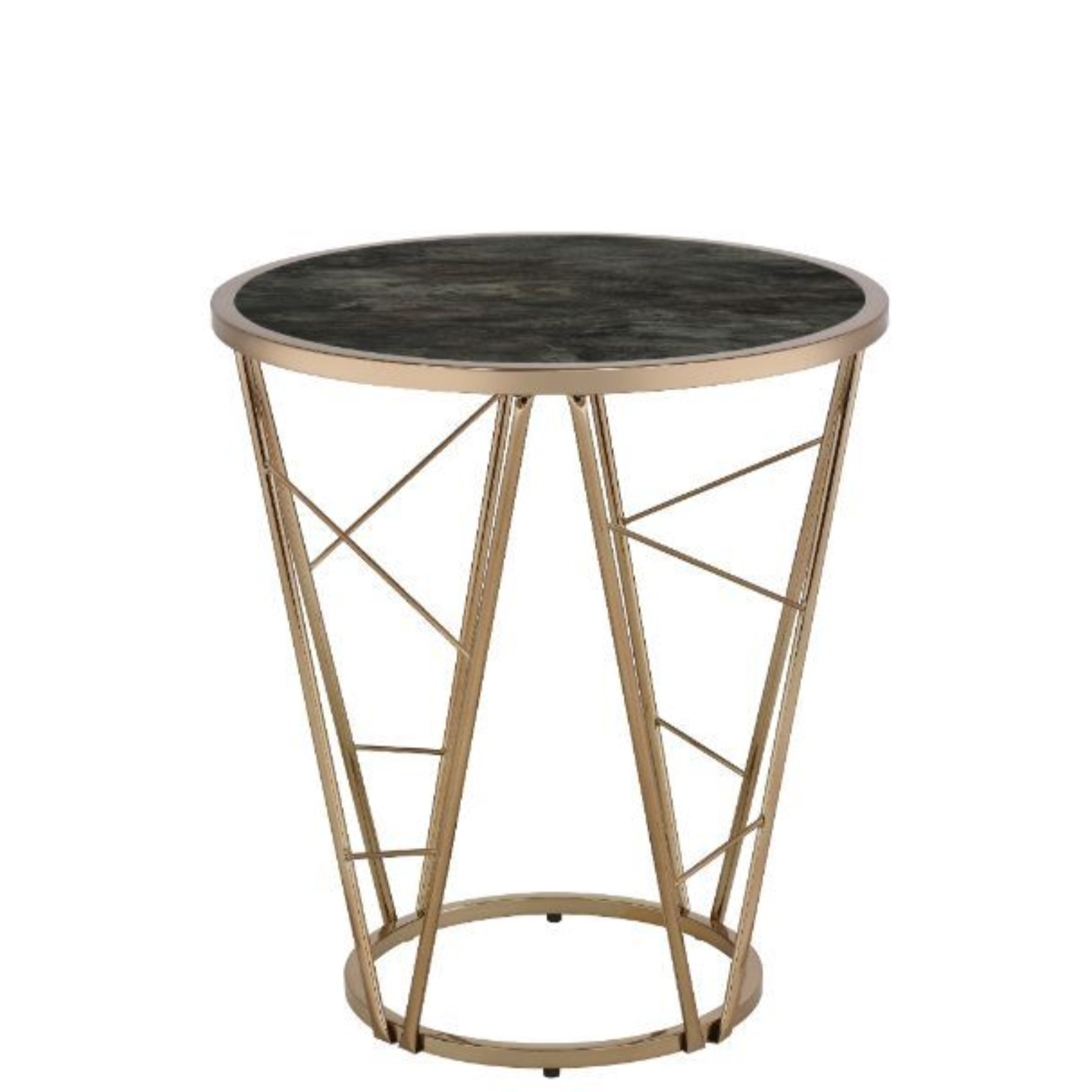 End Table, Faux Black Marble Glass & Champagne Finish