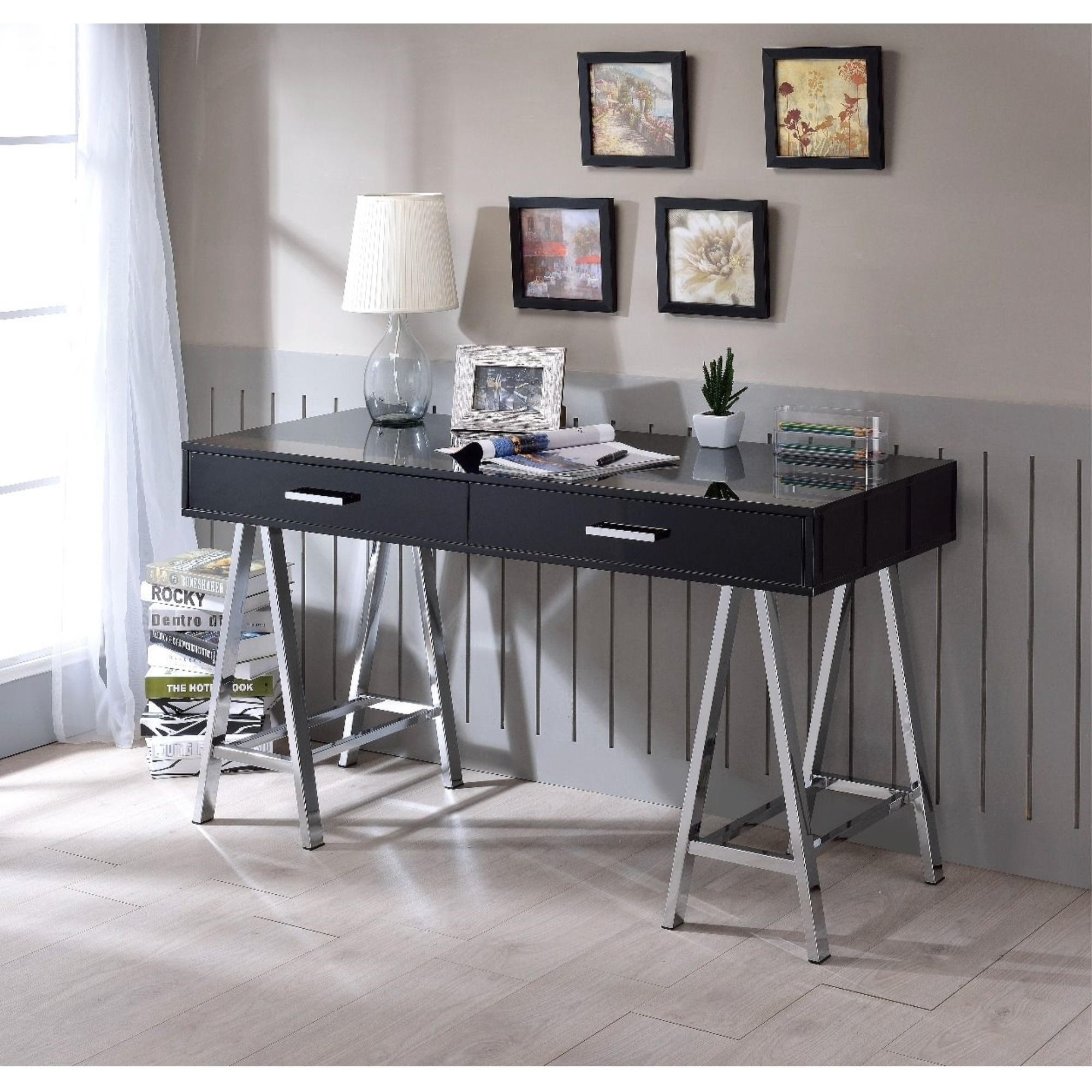 Built-in USB Port Writing Desk, Black High Gloss & Chrome Finish