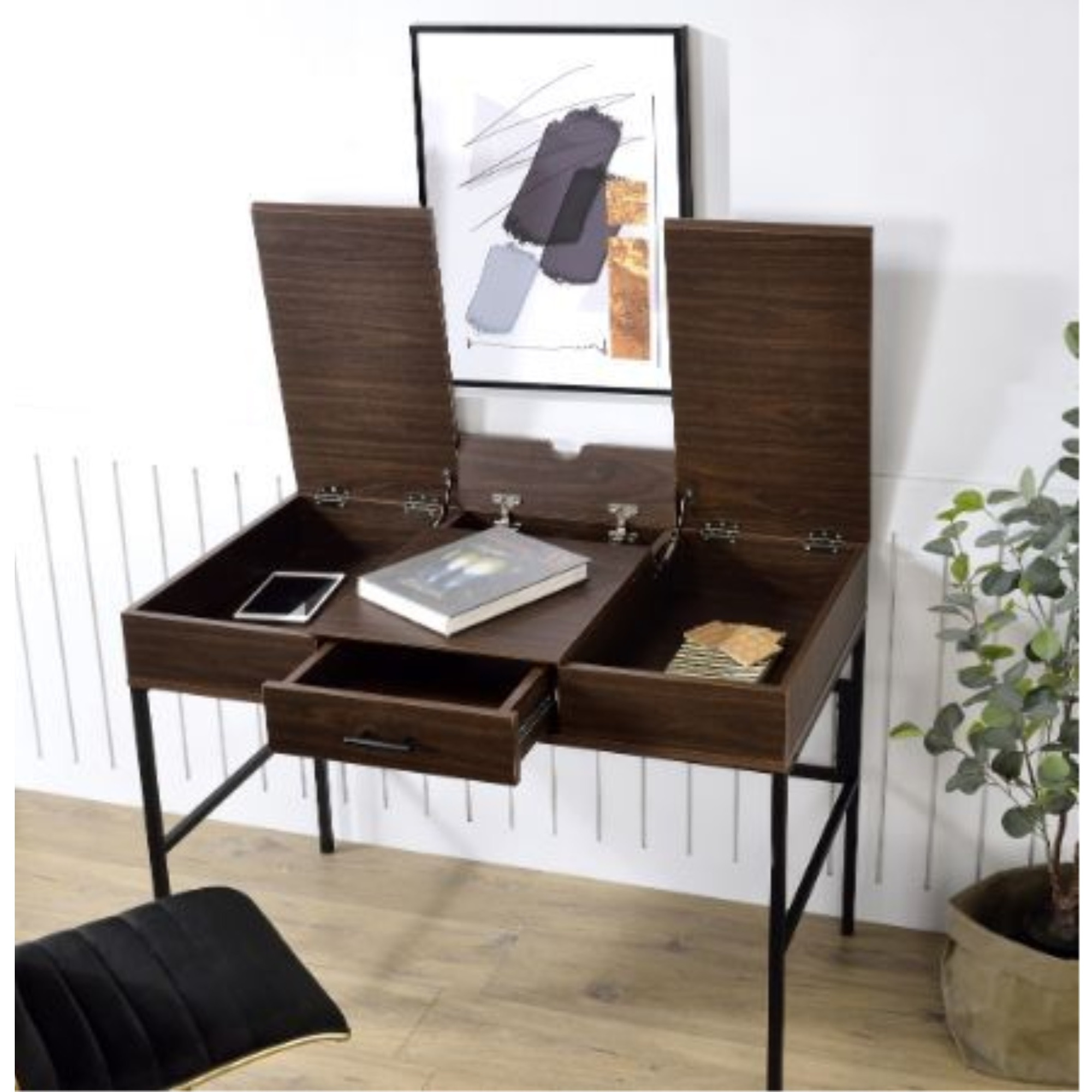 Built-in USB Port Writing Desk, Oak & Black Finish
