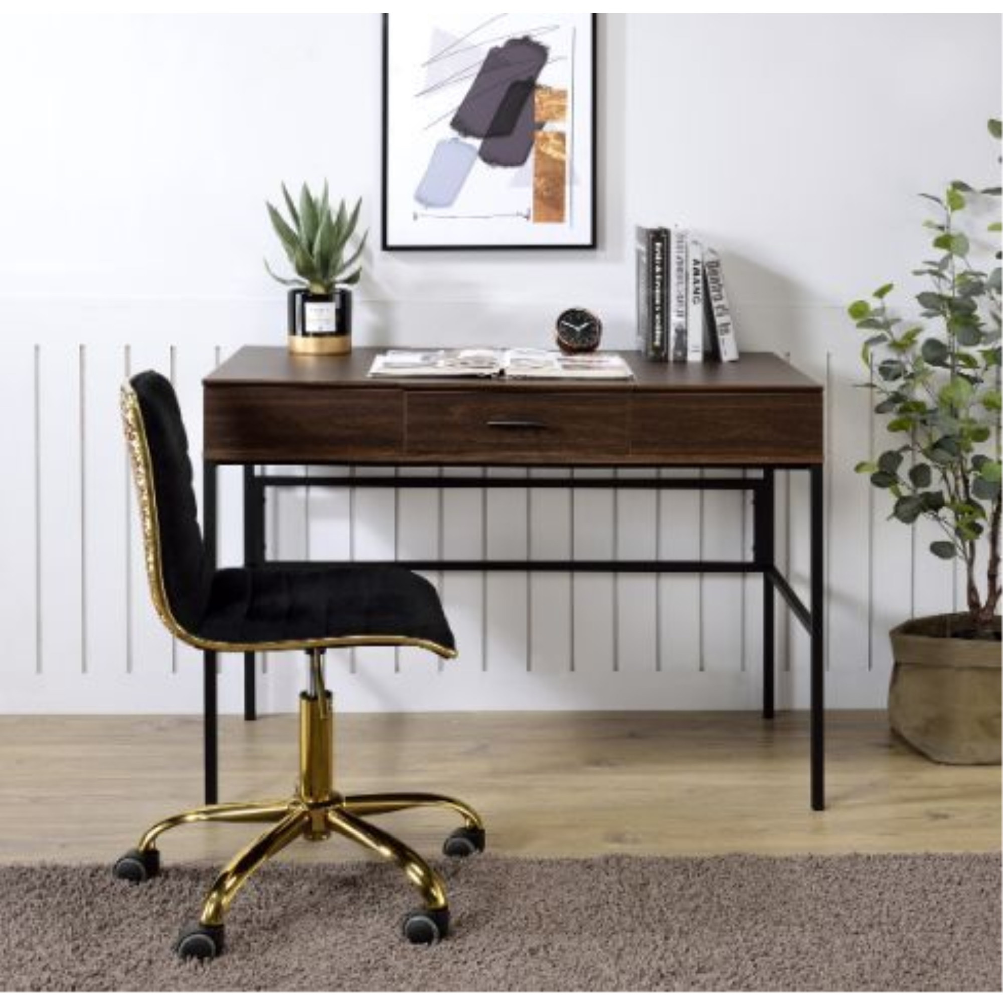 Built-in USB Port Writing Desk, Oak & Black Finish
