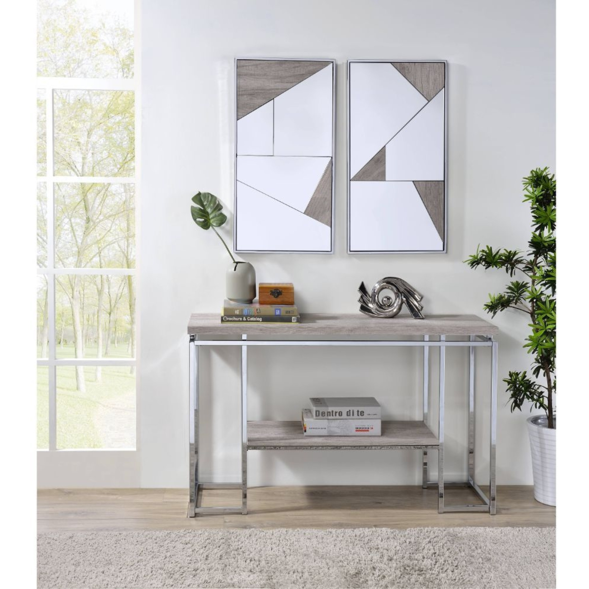 Wall Accent Mirror (Set-2), Mirrored, Natural Oak & Chrome
