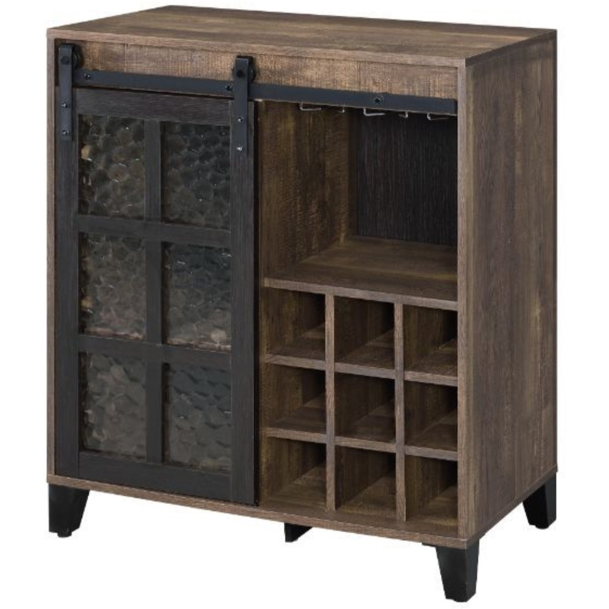 Wine Cabinet, Obscure Glass, Rustic Oak & Black Finish