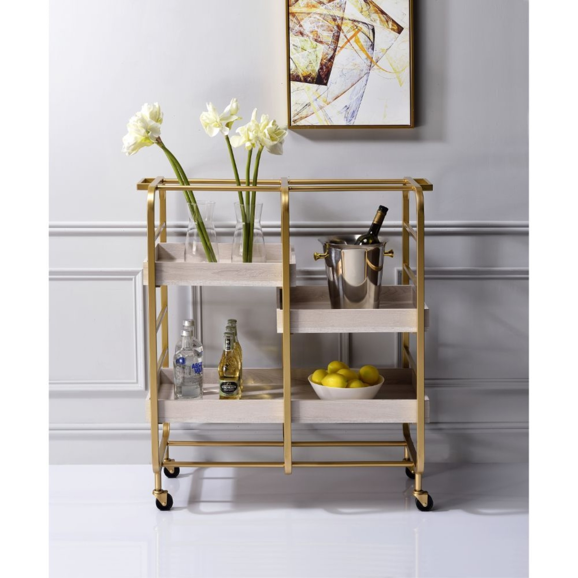 Serving Cart, Gold & White-Washed