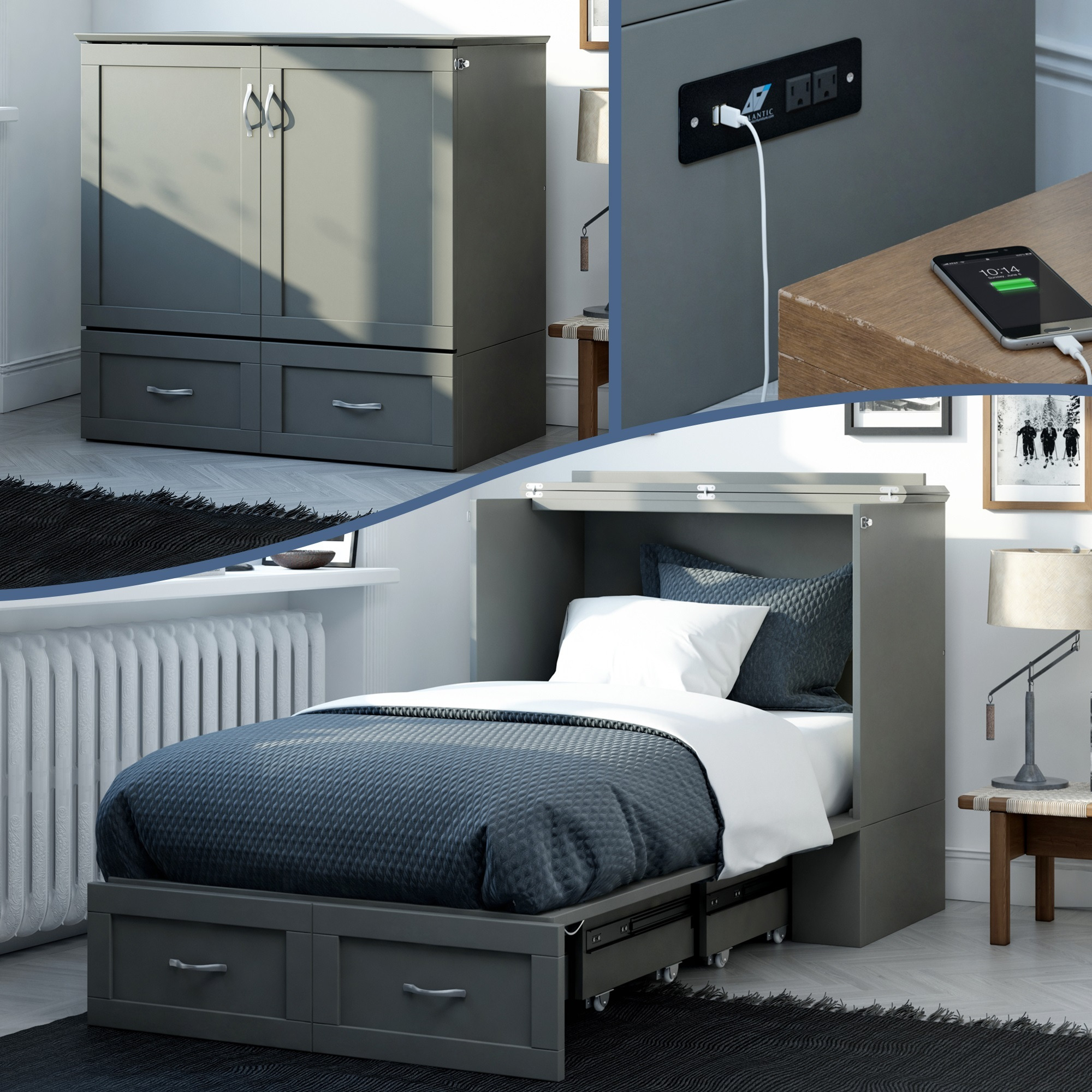 Hamilton Murphy Bed Chest Twin Extra Long Grey with Charging Station