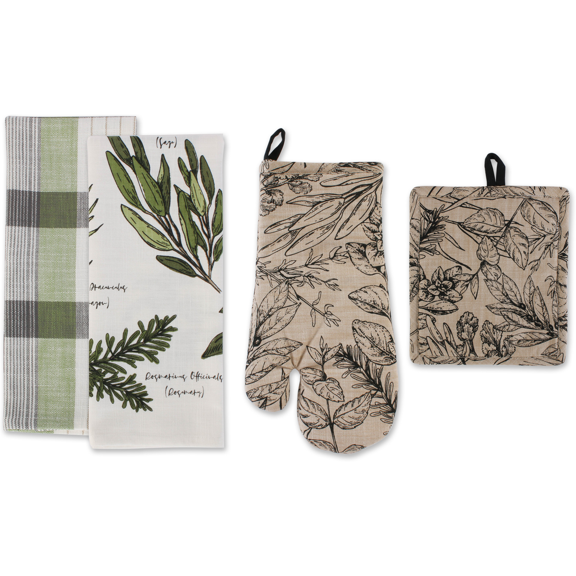 DII Fresh Herbs Kitchen Textiles, Potholder & Dishtowels, Fresh Herbs, 4 Pieces
