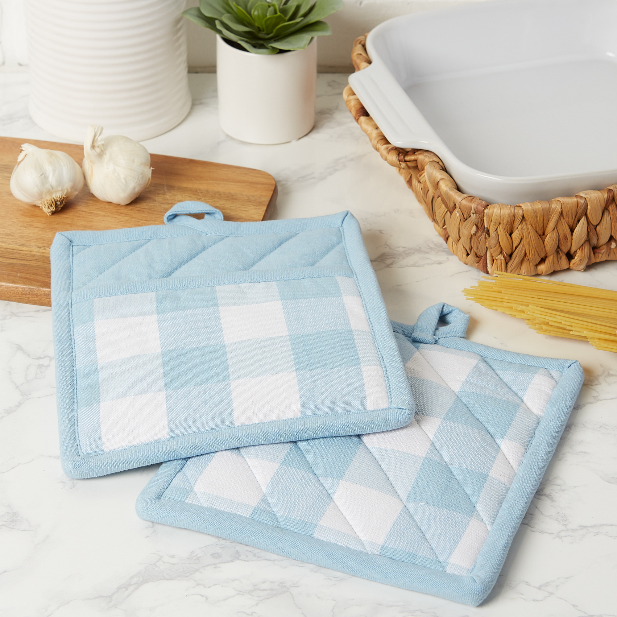 DII Buffalo Check Ktichen Textiles, 9x8", White & Light Blue, 2 Pieces