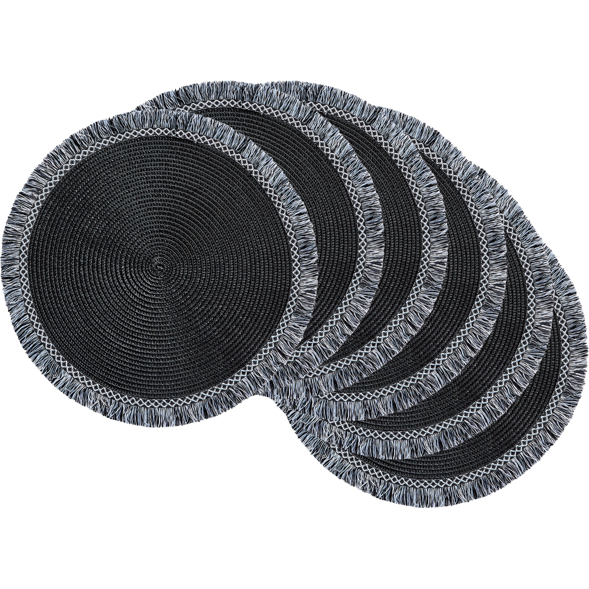 DII Black Round Fringed Placemat Set/6