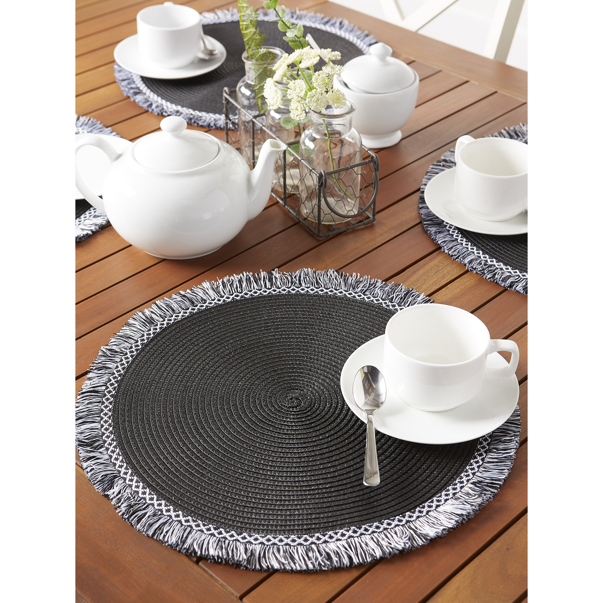 DII Black Round Fringed Placemat Set/6