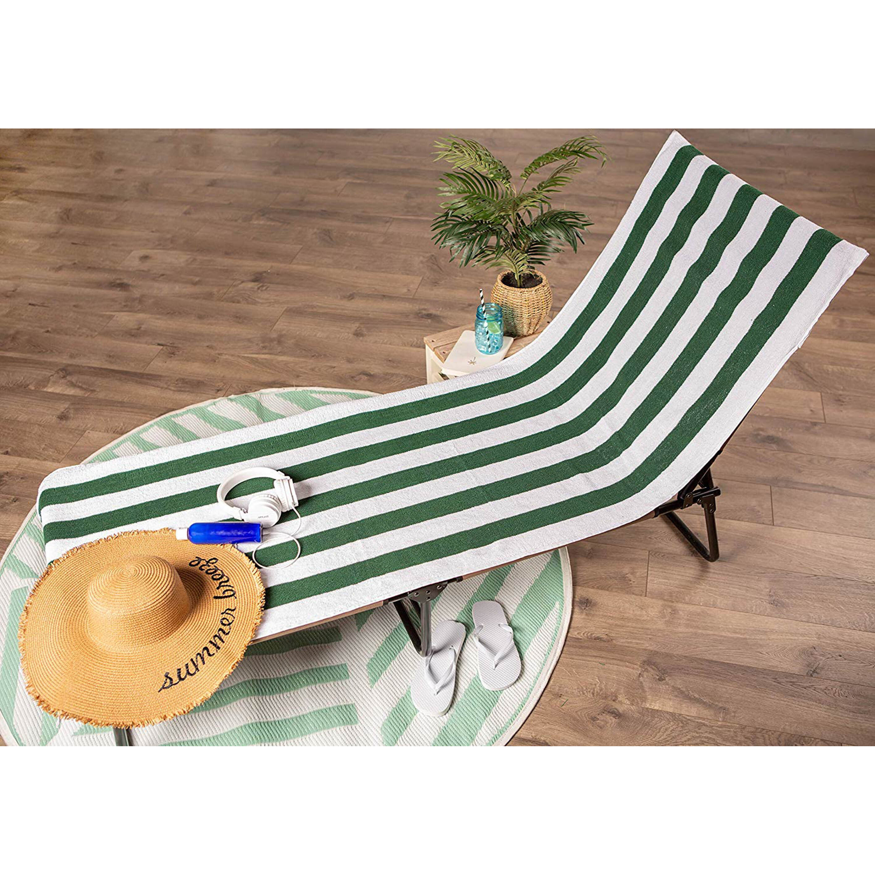 J&M Hunter Green Stripe Lounge Chair Beach Towel With Top Fitted Pocket 26x82