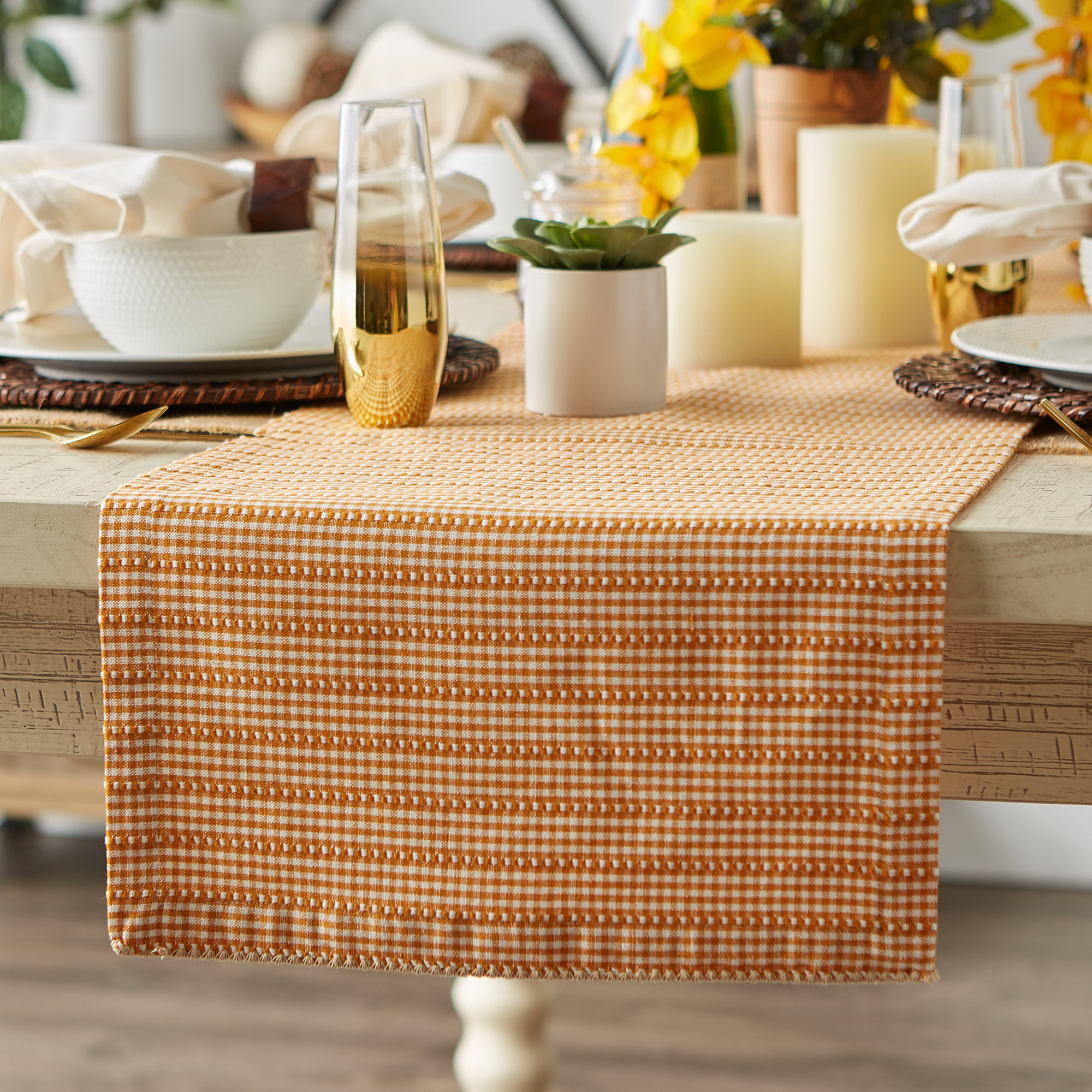 DII Pumpkin Spice Farmhouse Gingham Table Runner