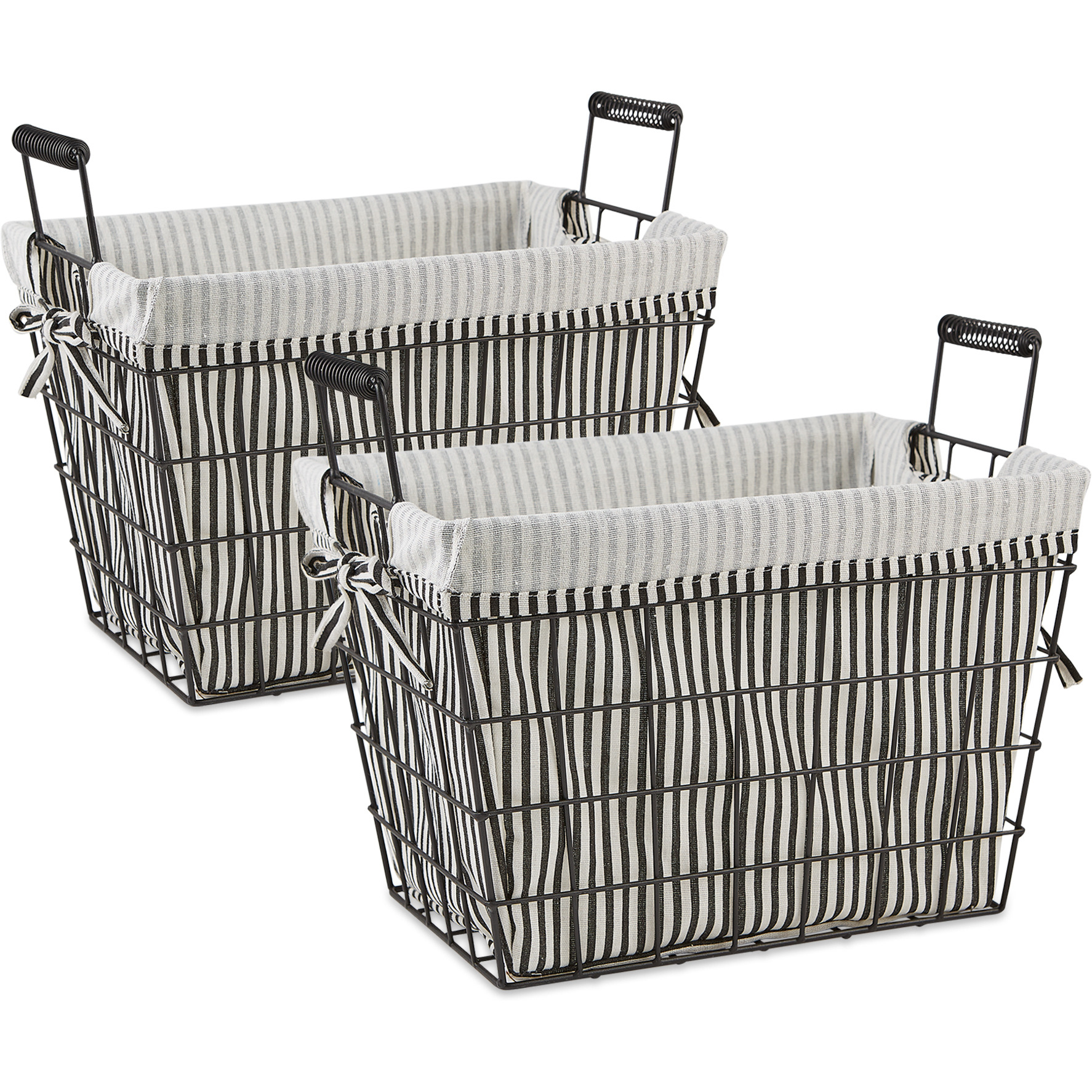 DII Asst Farmhouse Black Wire Black/White Ticking Stripe Liner Basket Set/2