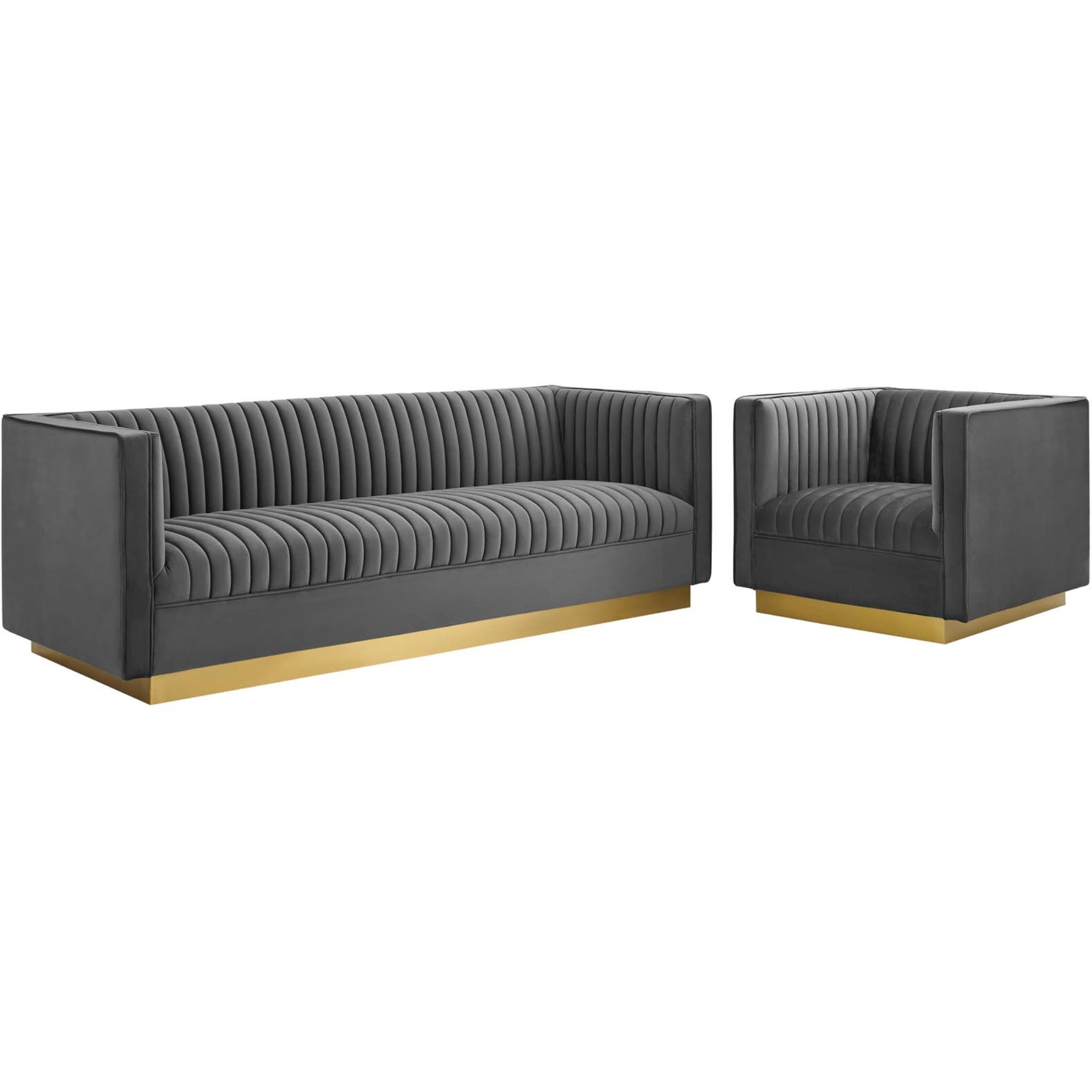 Sanguine Vertical Channel Tufted Upholstered Performance Velvet Sofa and Armchair Set Gray
