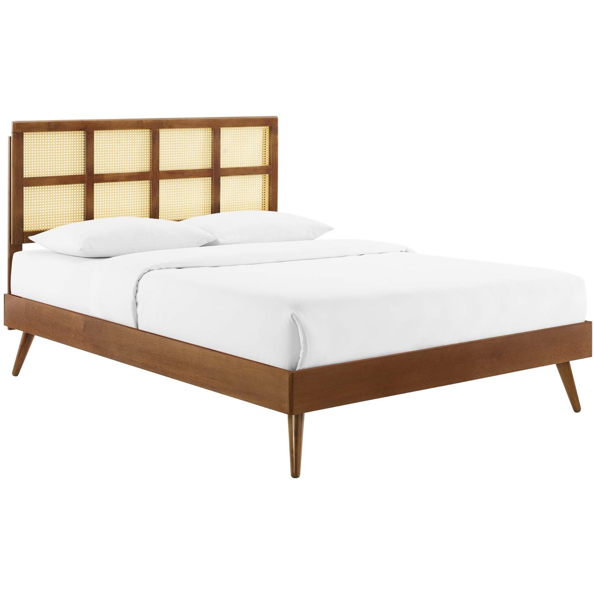 Sidney Cane and Wood Full Platform Bed With Splayed Legs Walnut