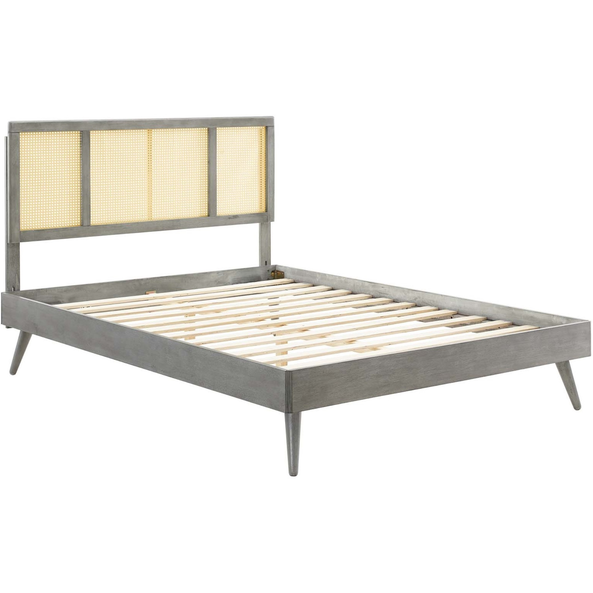 Kelsea Cane and Wood Full Platform Bed With Splayed Legs Gray