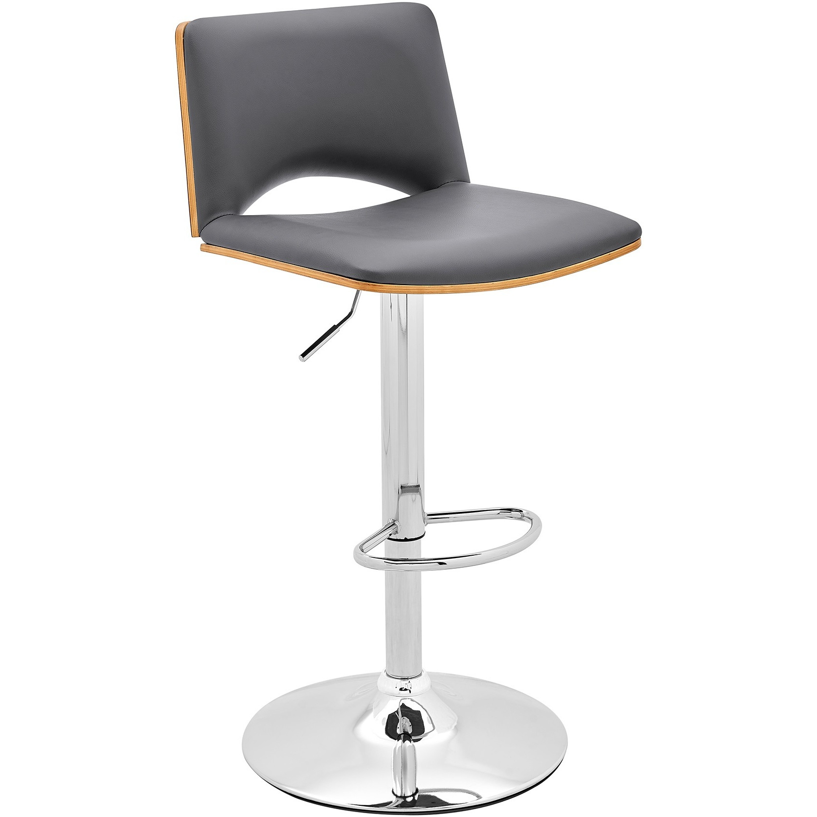 Thierry Adjustable Swivel Gray Faux Leather with Walnut Back and Chrome Bar Stool