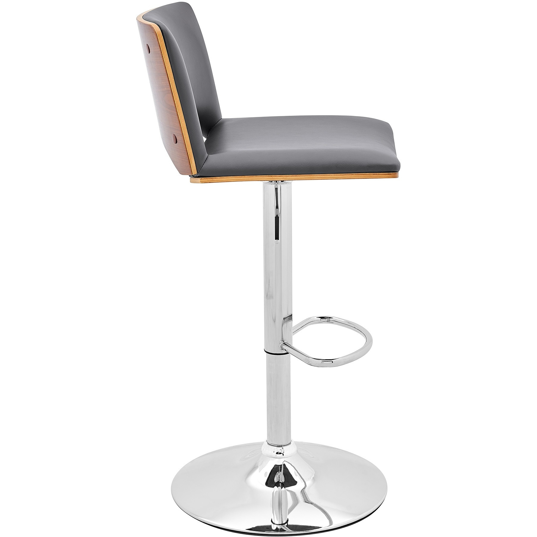 Thierry Adjustable Swivel Gray Faux Leather with Walnut Back and Chrome Bar Stool