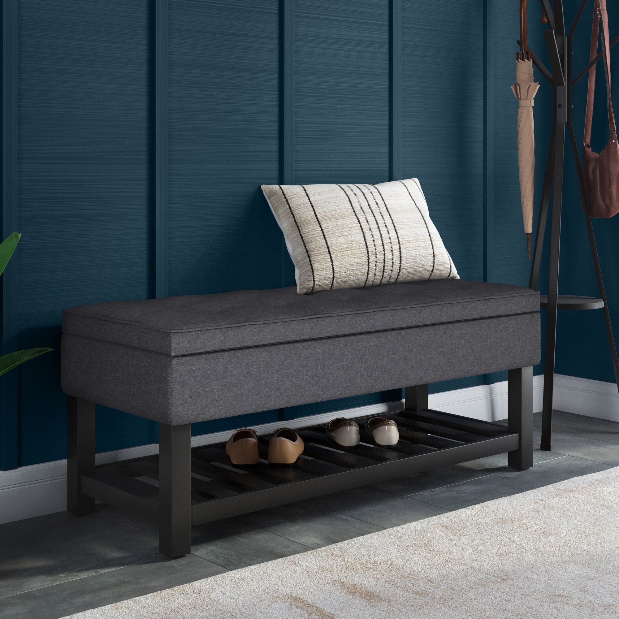 Cosmopolitan 44 inch Wide Transitional Rectangle Storage Ottoman Bench with Open Bottom in Slate Grey Linen Look Fabric
