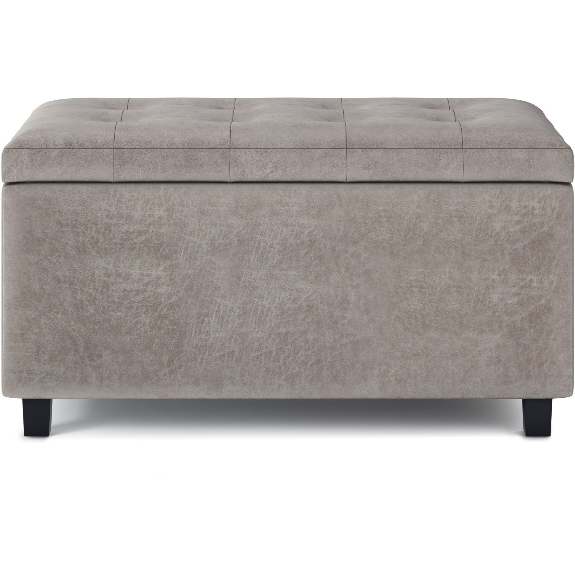 Cosmopolitan 34 inch Wide Transitional Rectangle Storage Ottoman in Distressed Grey Taupe Faux Leather