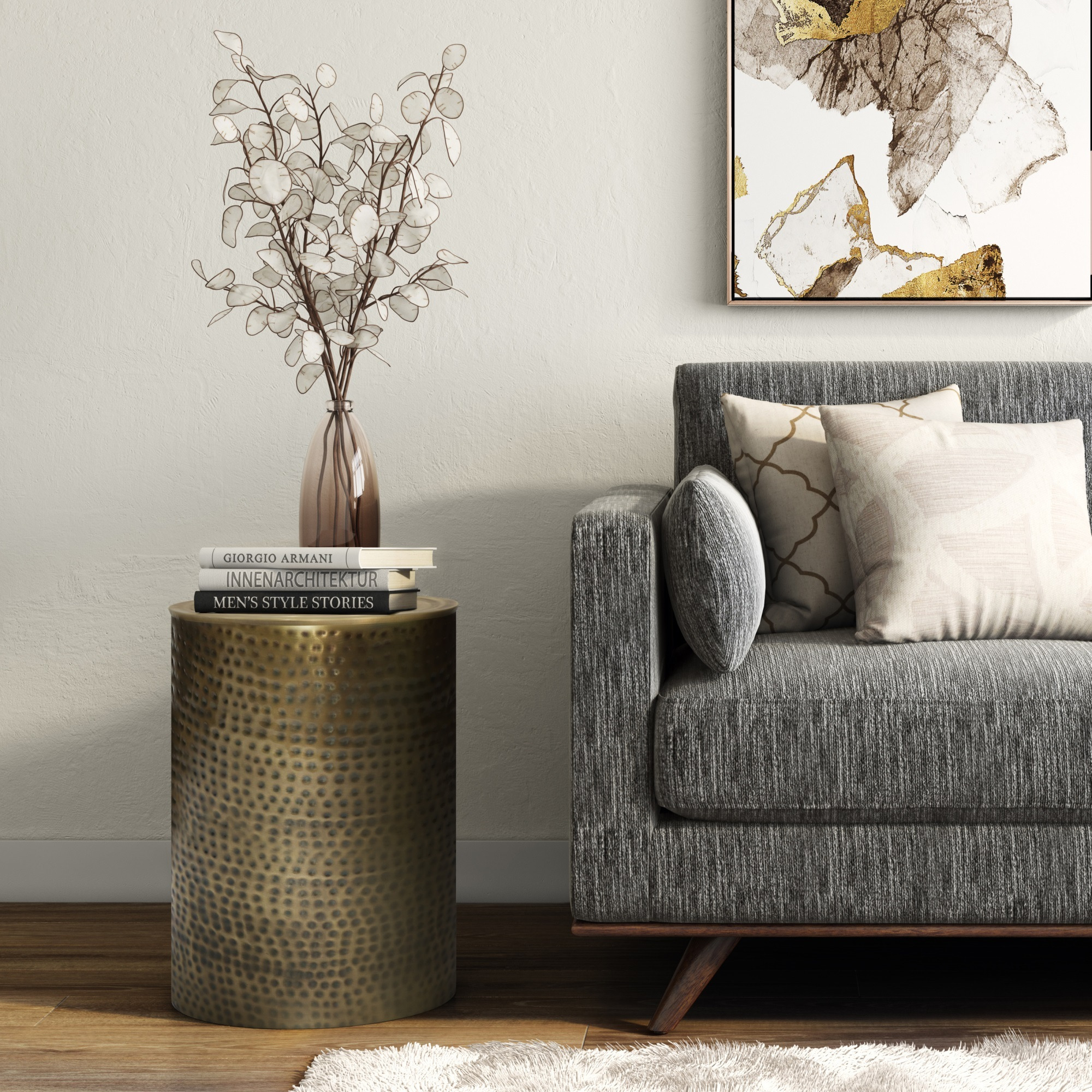 Corbin Industrial 16 inch Wide Metal Metal Side Table in Hammered Antique Gold, Fully Assembled
