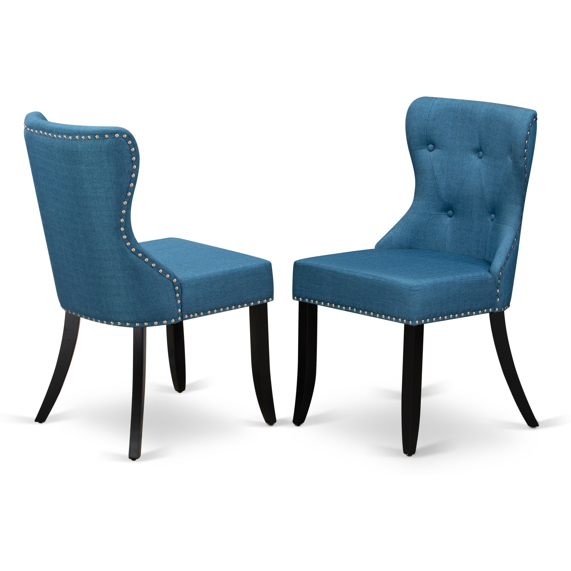 East West Furniture V697SI121-9 9-Piece Modern Dining Table Set- 8 Kitchen Chairs with Blue Linen Fabric Seat and Button Tufted Chair Back - Rectangular Table Top & Wooden Legs - Cement and Black Finish