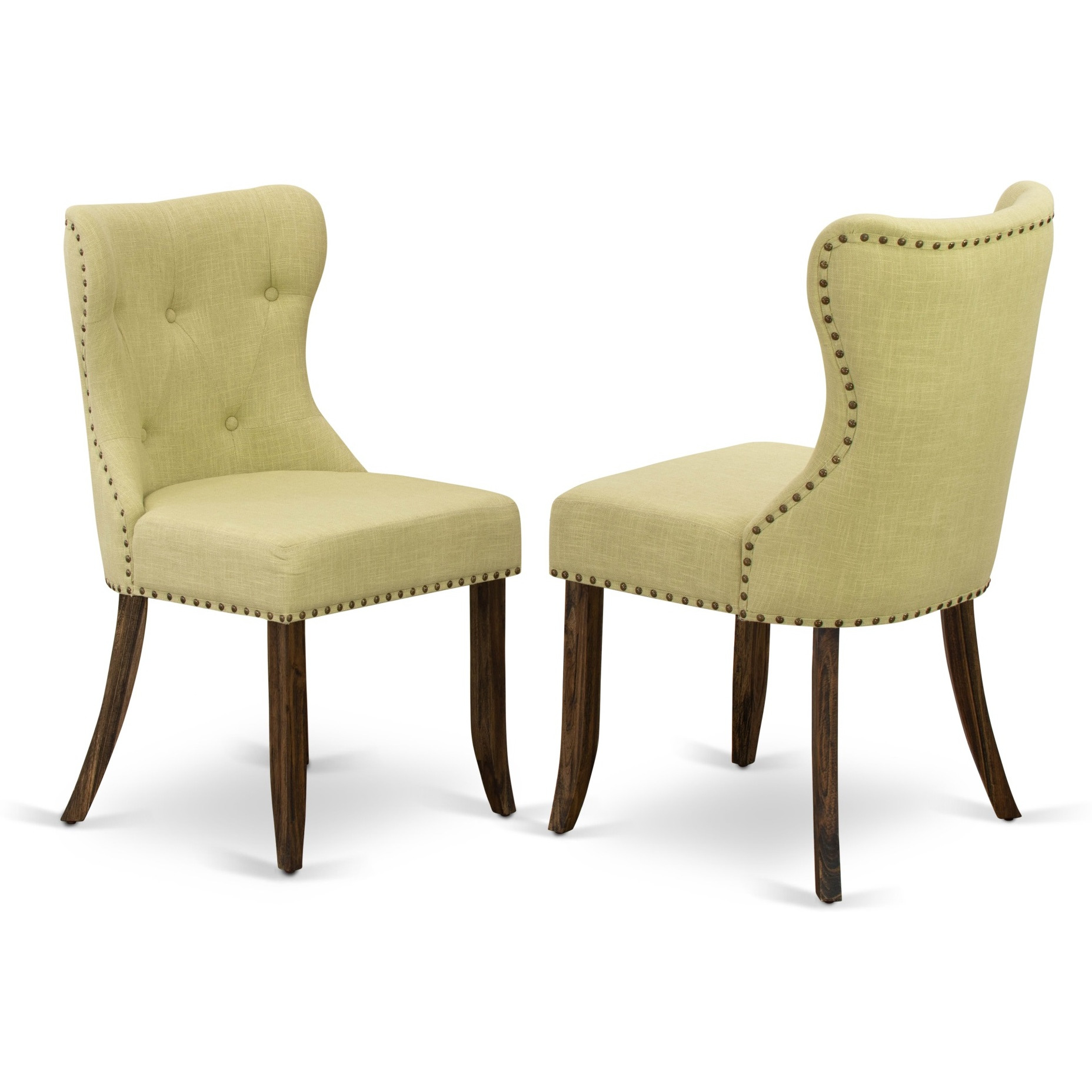 East West Furniture V777SI737-9 9-Piece Dinette Set- 8 Parson Chairs with Limelight Linen Fabric Seat and Button Tufted Chair Back - Rectangular Table Top & Wooden Legs - Distressed Jacobean Finish