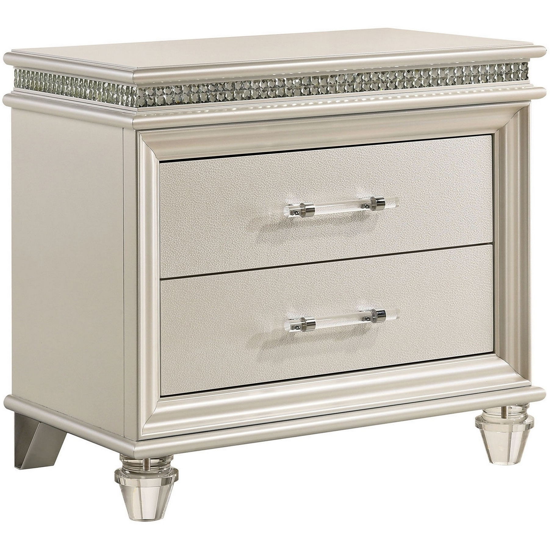 2 Drawer Nightstand with Acrylic Feet and Crystal Accents, Silver