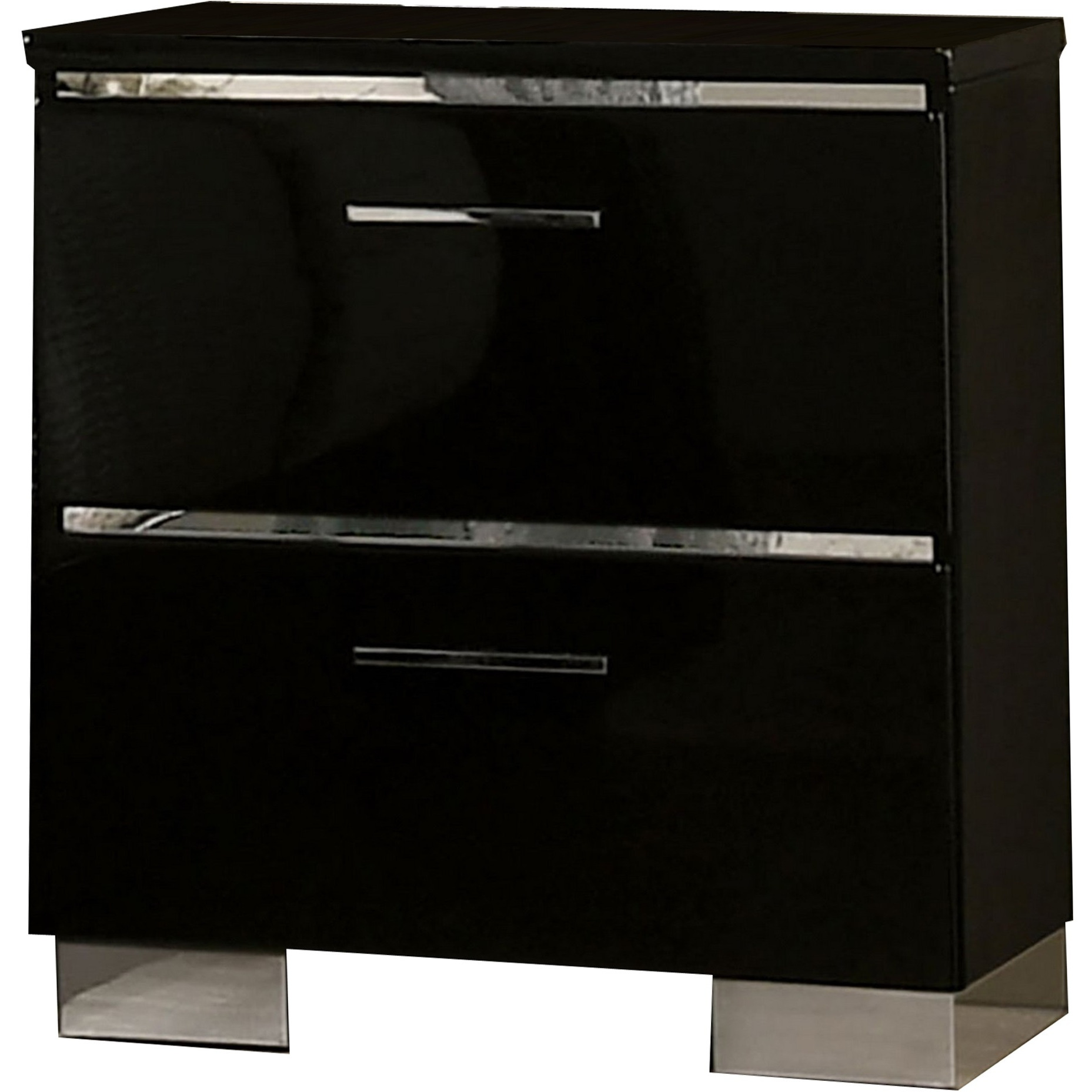 Two Drawer Nightstand with USB Charger and Bar Handle Pulls, Black