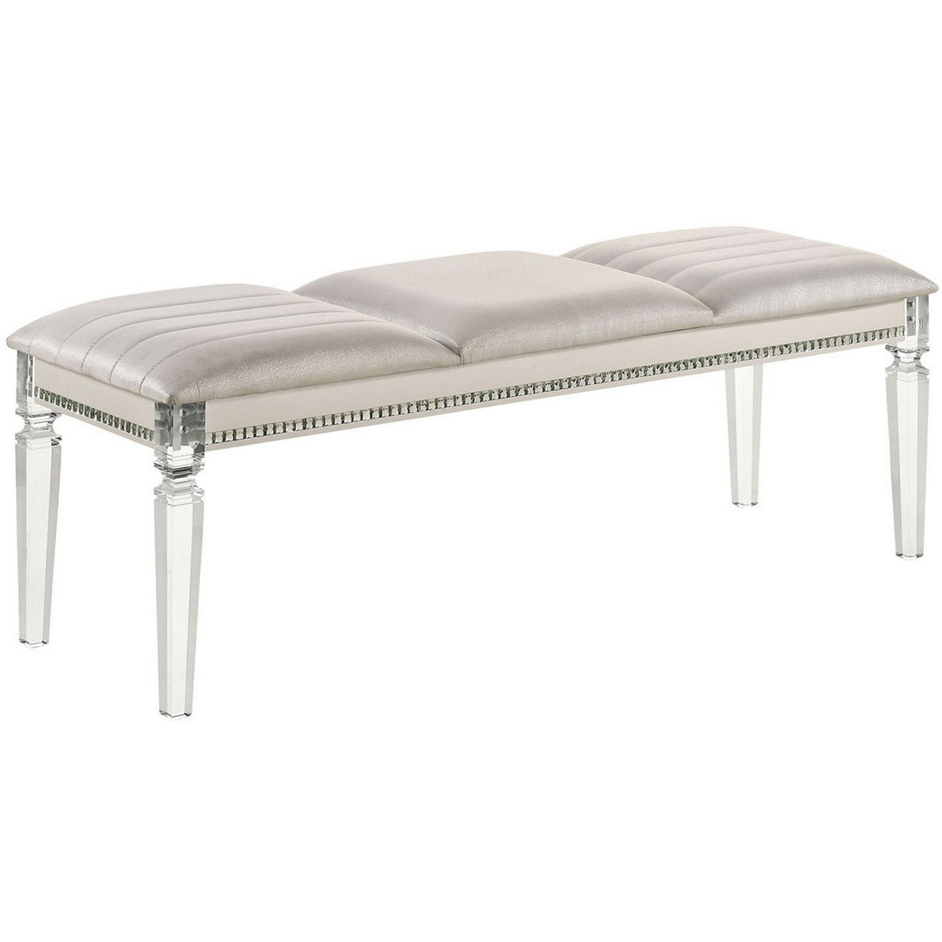 Tufted Leatherette Seater Wooden Bench with Mirror Accents, White