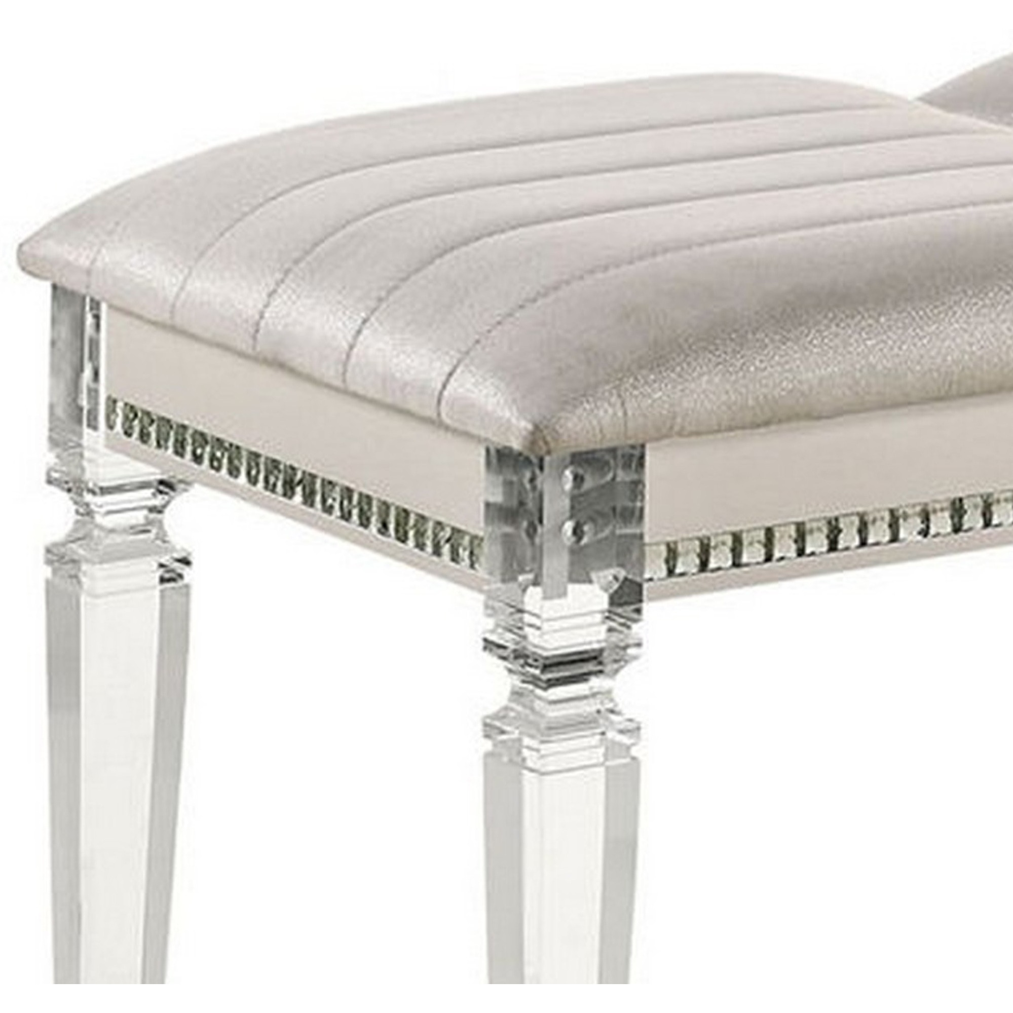 Tufted Leatherette Seater Wooden Bench with Mirror Accents, White
