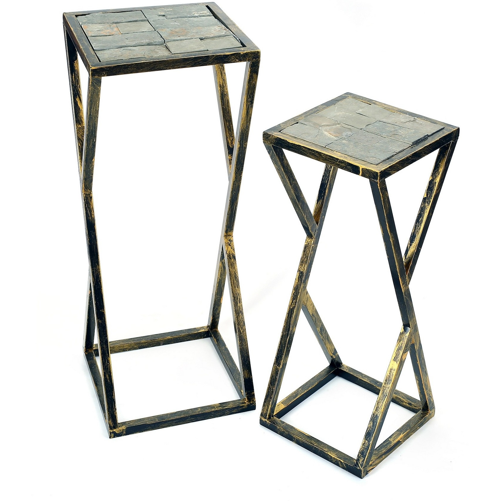Stone Top Plant Stand with Geometric Base, Set of 2, Black and Gray