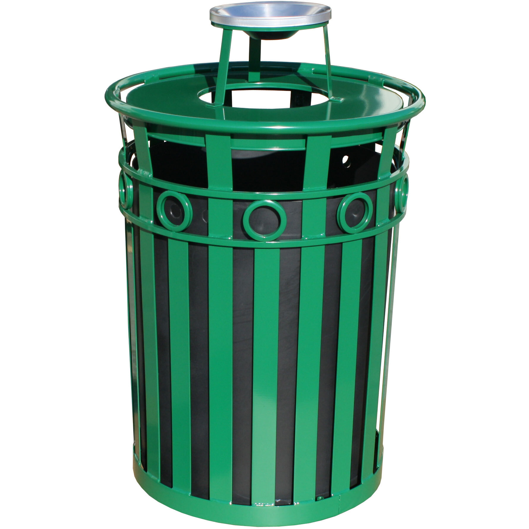 Metal Trash Receptacle with Ash Urn Lid - Durable Flat-Bar Steel Construction, Graffiti-Resistant, Decorative Ring, Leveling Feet, Plastic Liner, Lid Attachment Kit, Anchor Kit