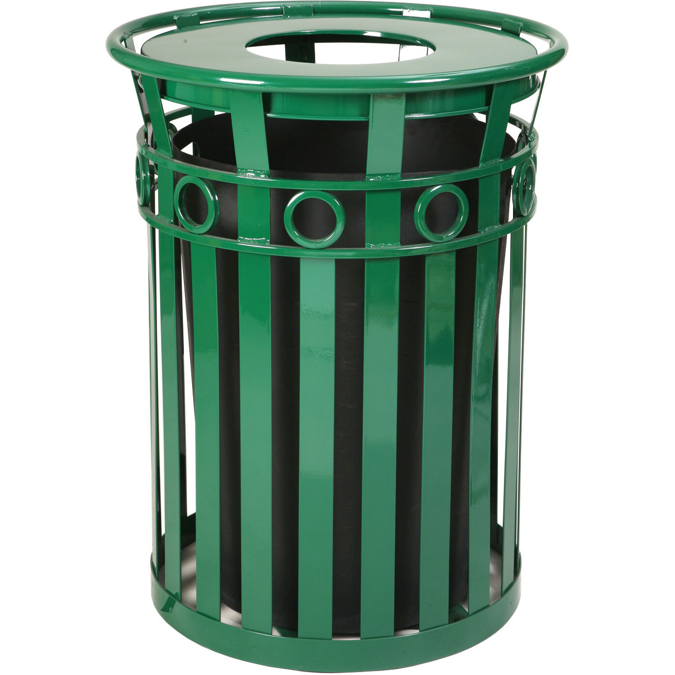 Metal Trash Receptacle with Flat Top Lid - Durable Steel Construction, Graffiti-Proof, Decorative Ring, Leveling Feet, Plastic Liner, Lid Attachment Kit, Anchor Kit
