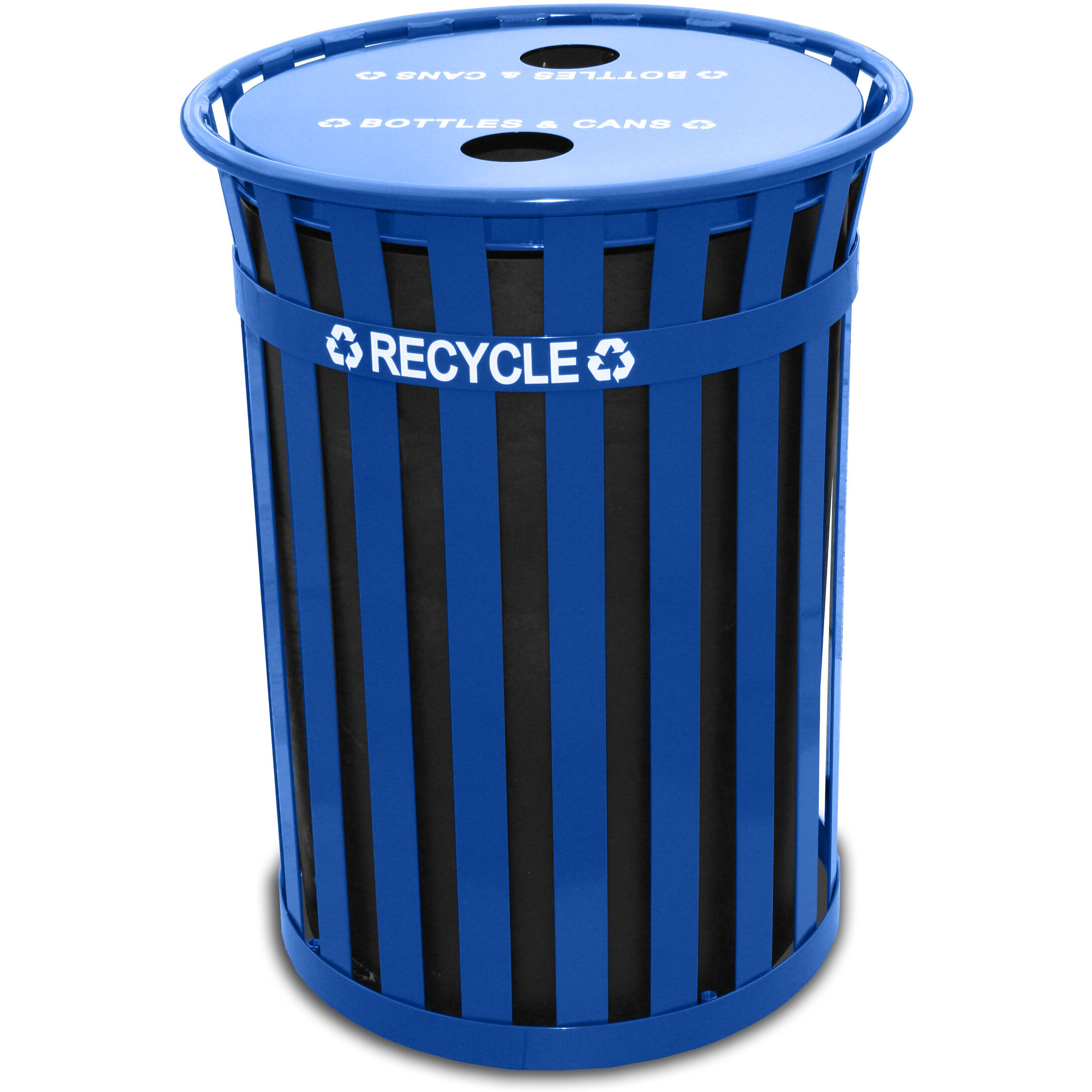 MR50-FTR-BL-VV Ergode Oakley Recycling Container - Ideal for high traffic areas, cities, universities, and parks. Durable steel construction with flat top and two openings for single stream recycling. Includes liner, leveling feet, anchor kit, and lid attachment kit.