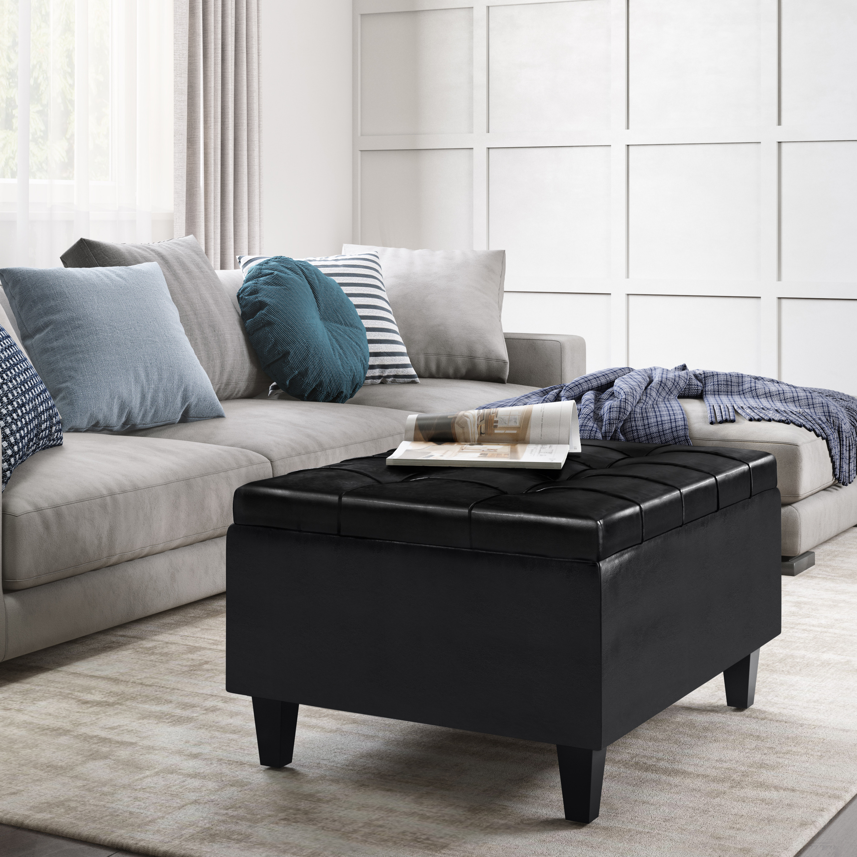 Harrison 34 inch Wide Transitional Rectangle Small Coffee Table Storage Ottoman in Midnight Black Faux Leather