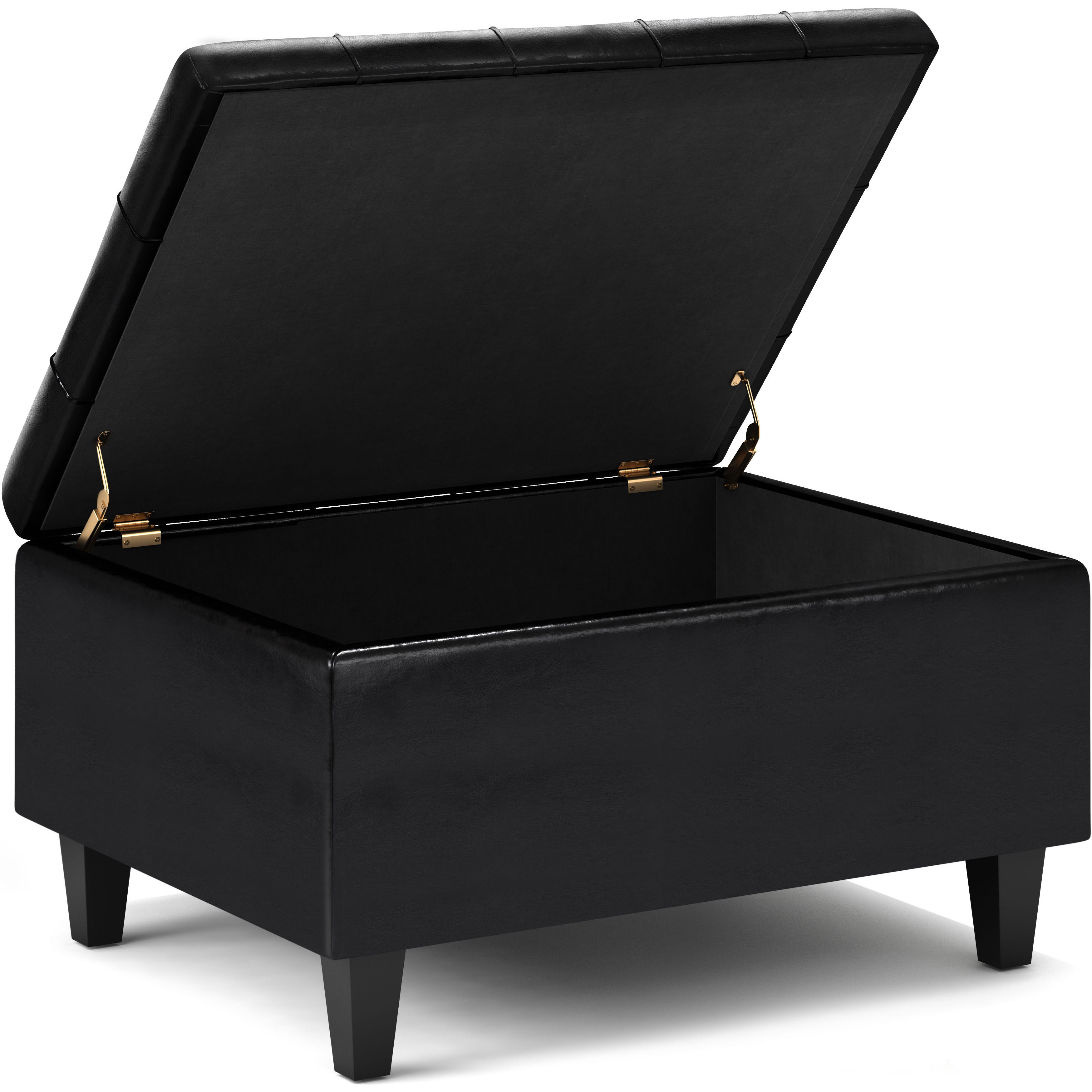 Harrison 34 inch Wide Transitional Rectangle Small Coffee Table Storage Ottoman in Midnight Black Faux Leather