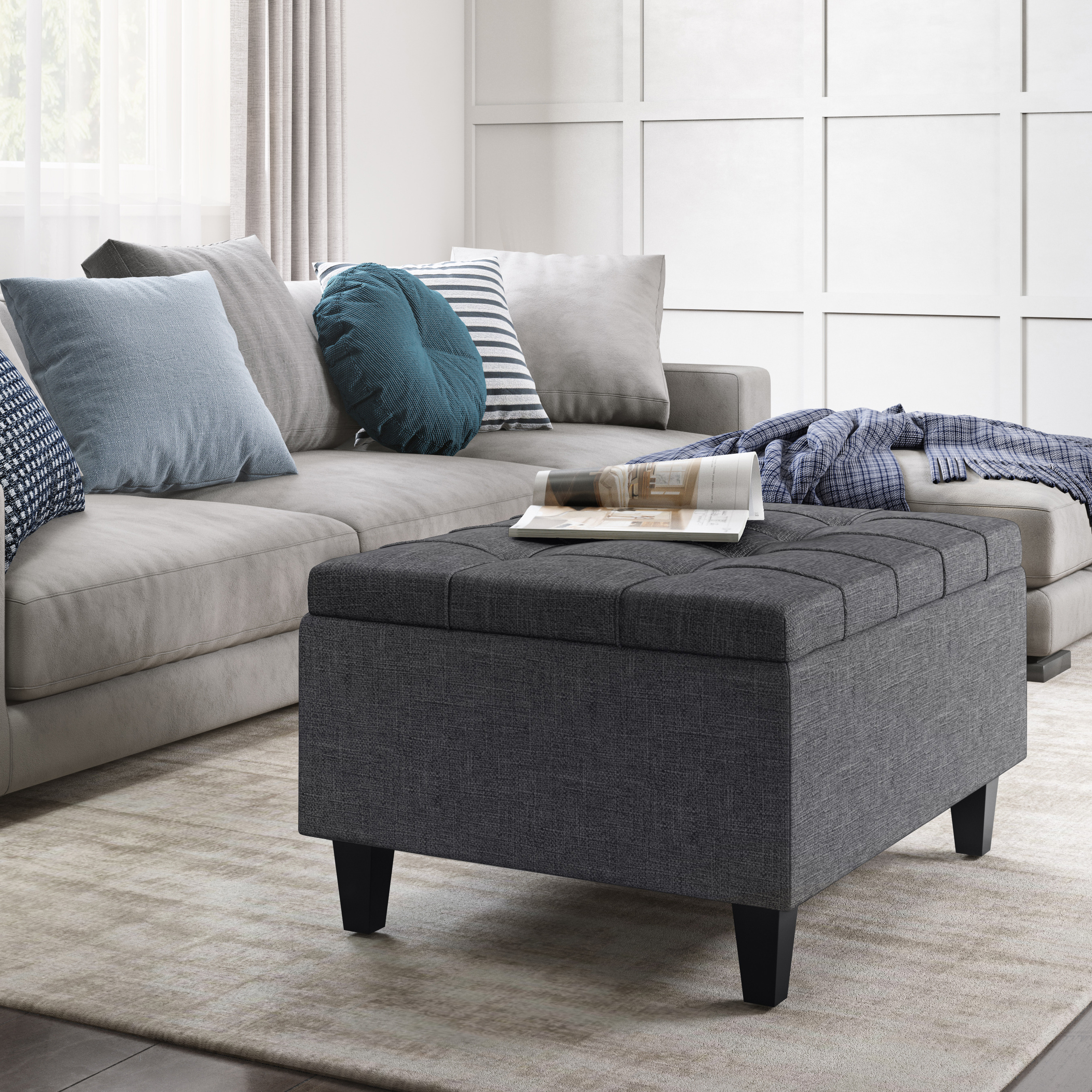 Harrison 34 inch Wide Transitional Rectangle Small Coffee Table Storage Ottoman in Slate Grey Linen Look Fabric