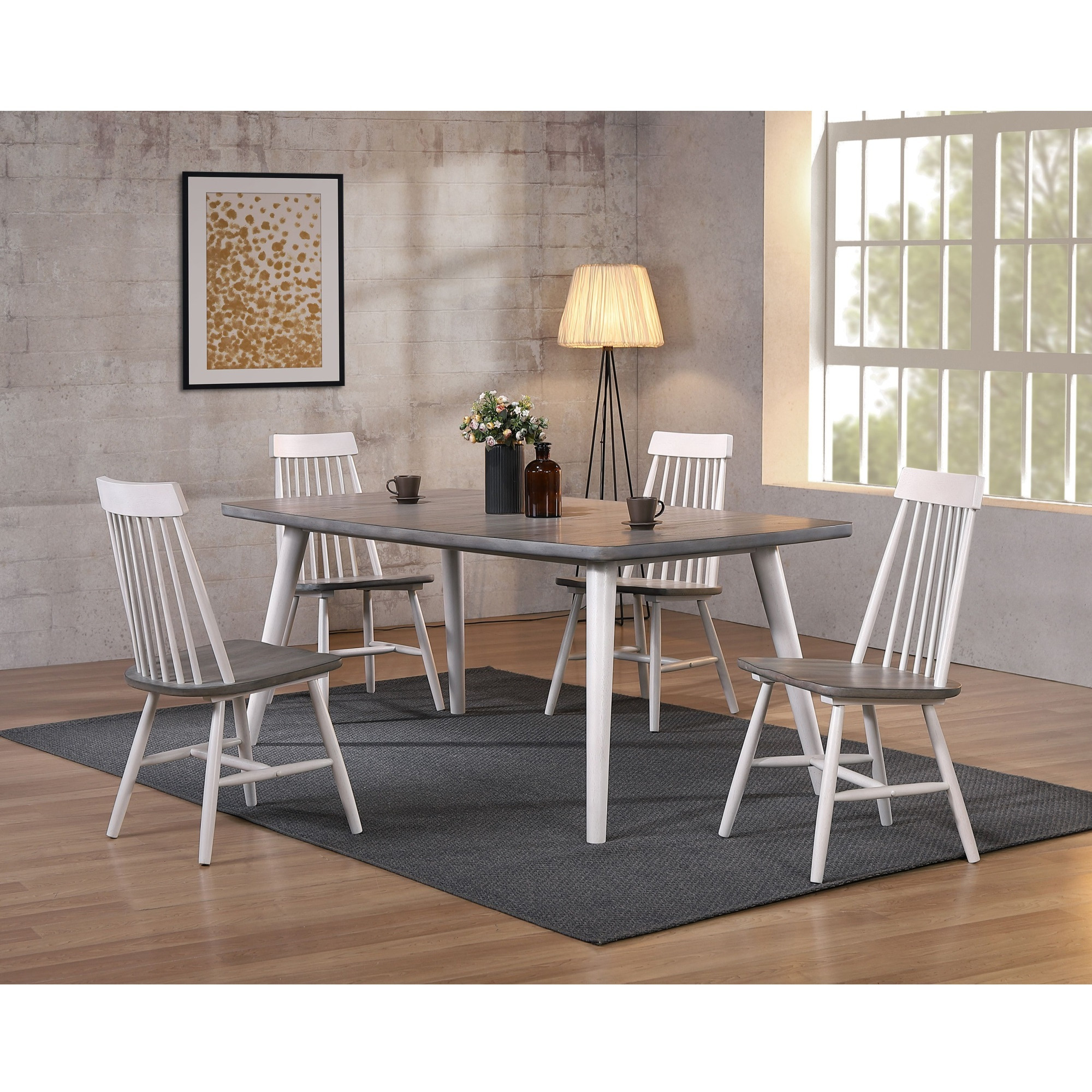 Cusick 5 Piece Farmhouse Dining Set, White & Gray Wood, (Table & Four Windsor Chairs)