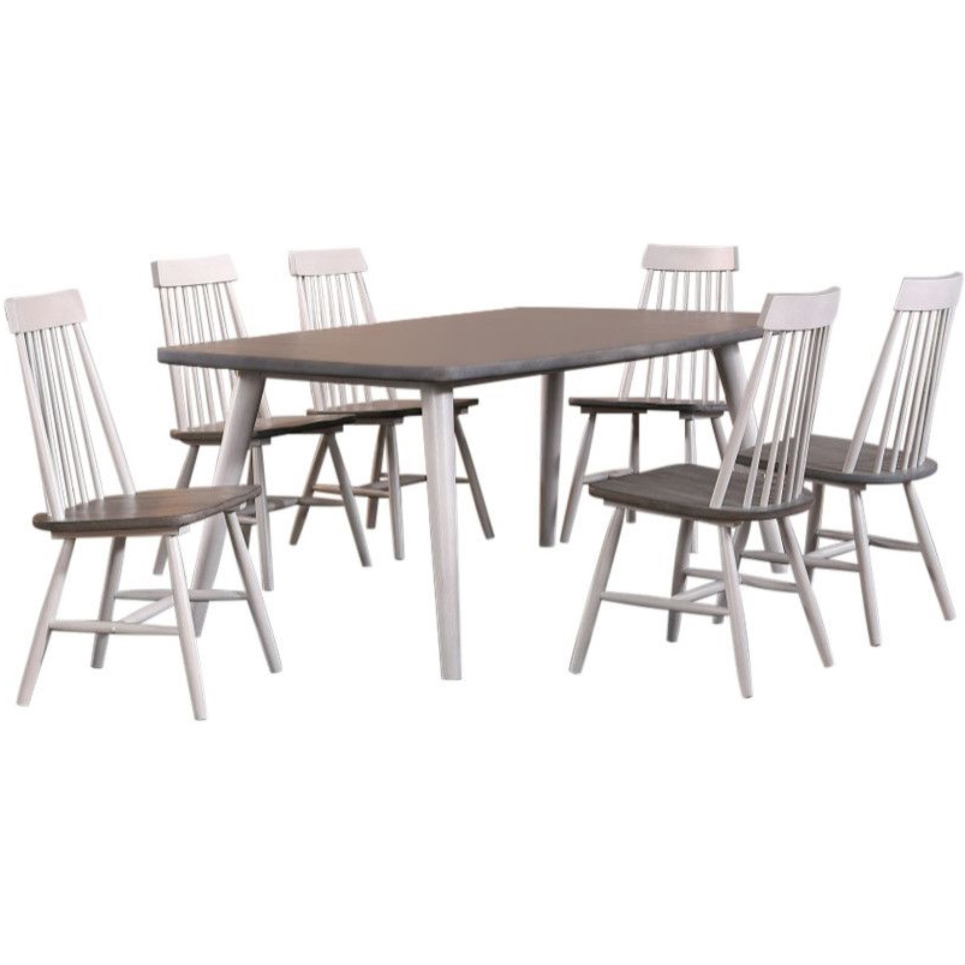 Cusick 7 Piece Farmhouse Dining Set, White & Gray Wood, (Table & Six Windsor Chairs)