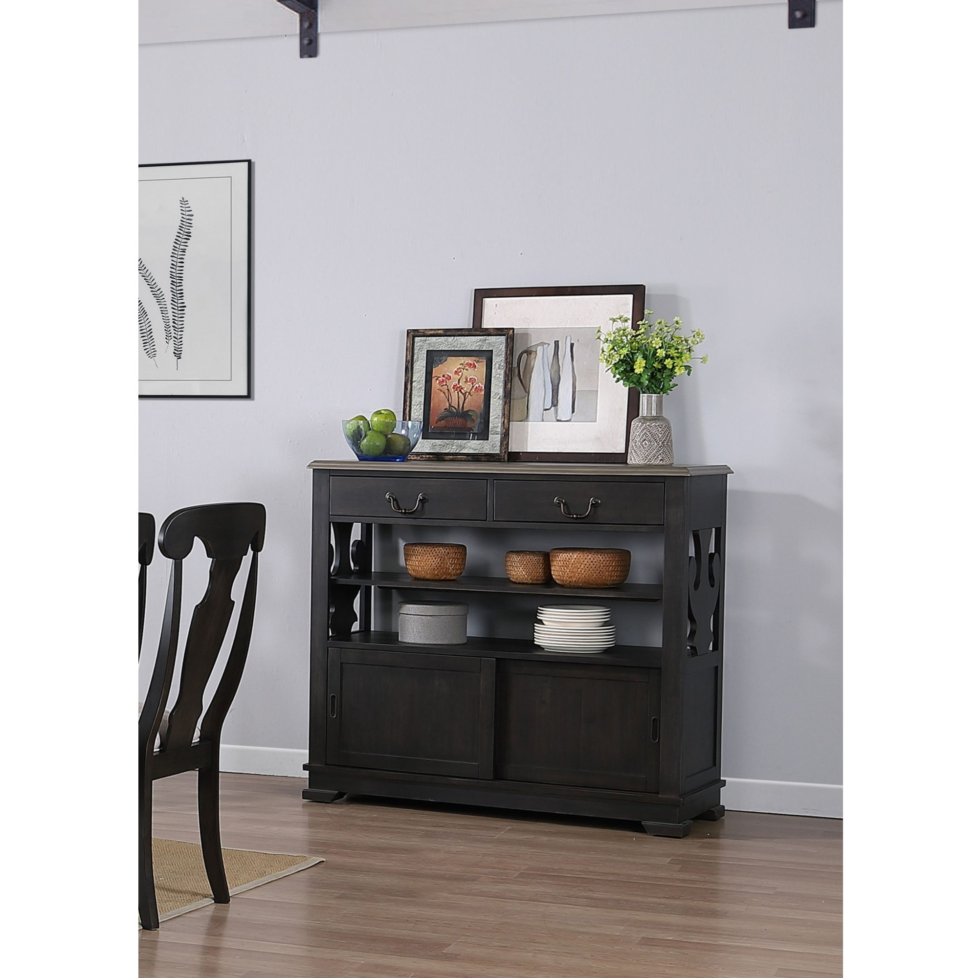Frates Buffet Server with Storage Drawers & Shelves, Black & Brown Wood