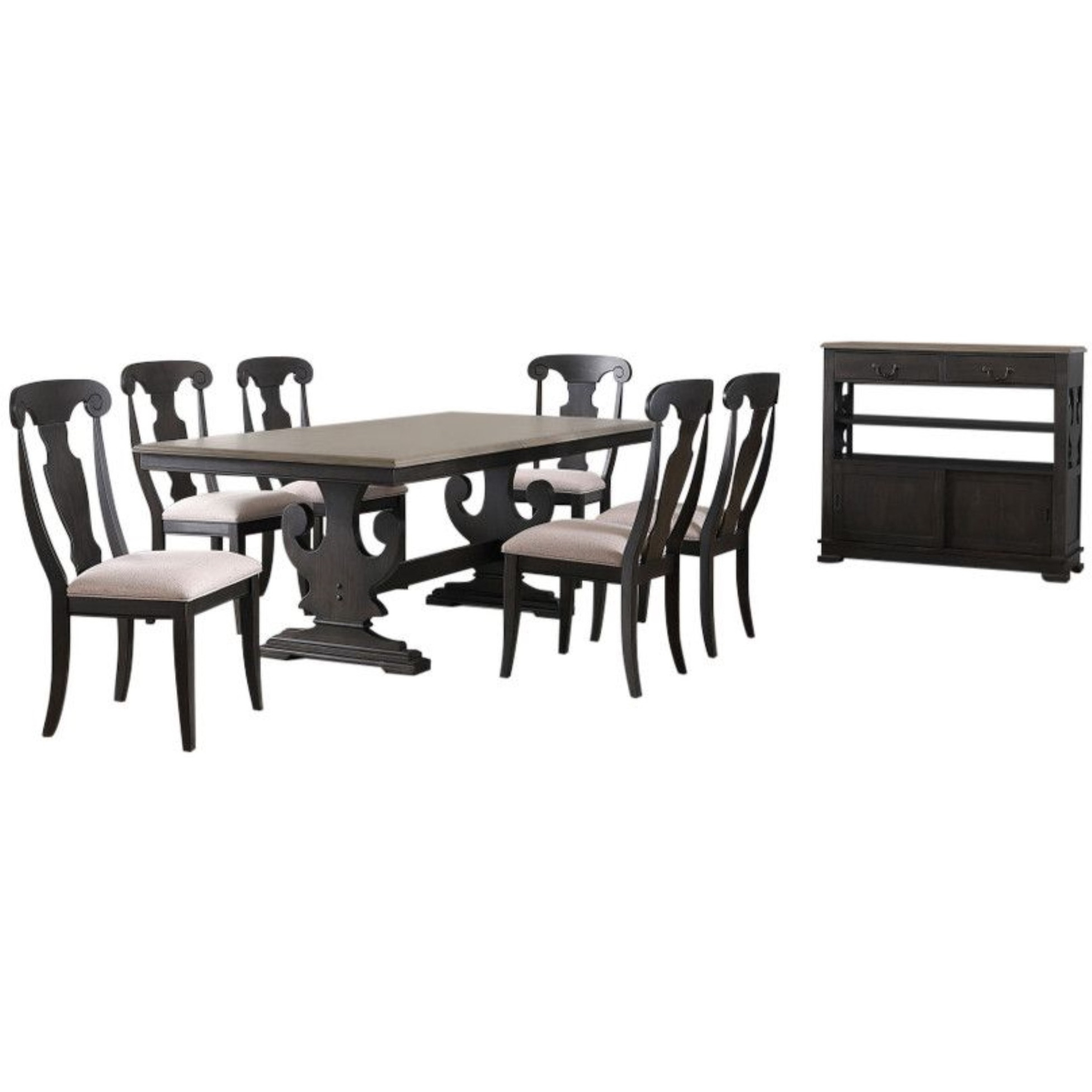 Frates 8 Piece Extendable Dining Set, Black & Brown Wood (Table, 6 Chairs, Server)